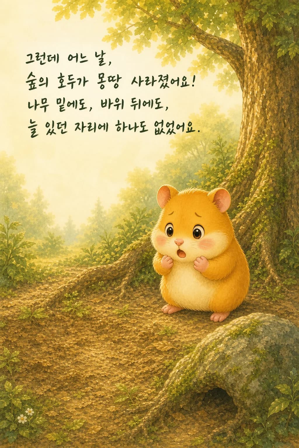 빈 호두 자리를 살피며 걱정하는 햄도리