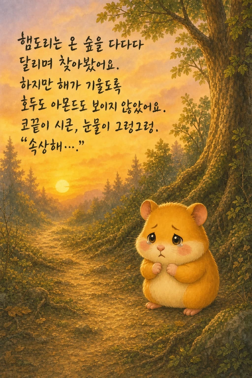 노을 지는 숲, 그루터기에 앉아 눈물이 그렁그렁한 햄도리