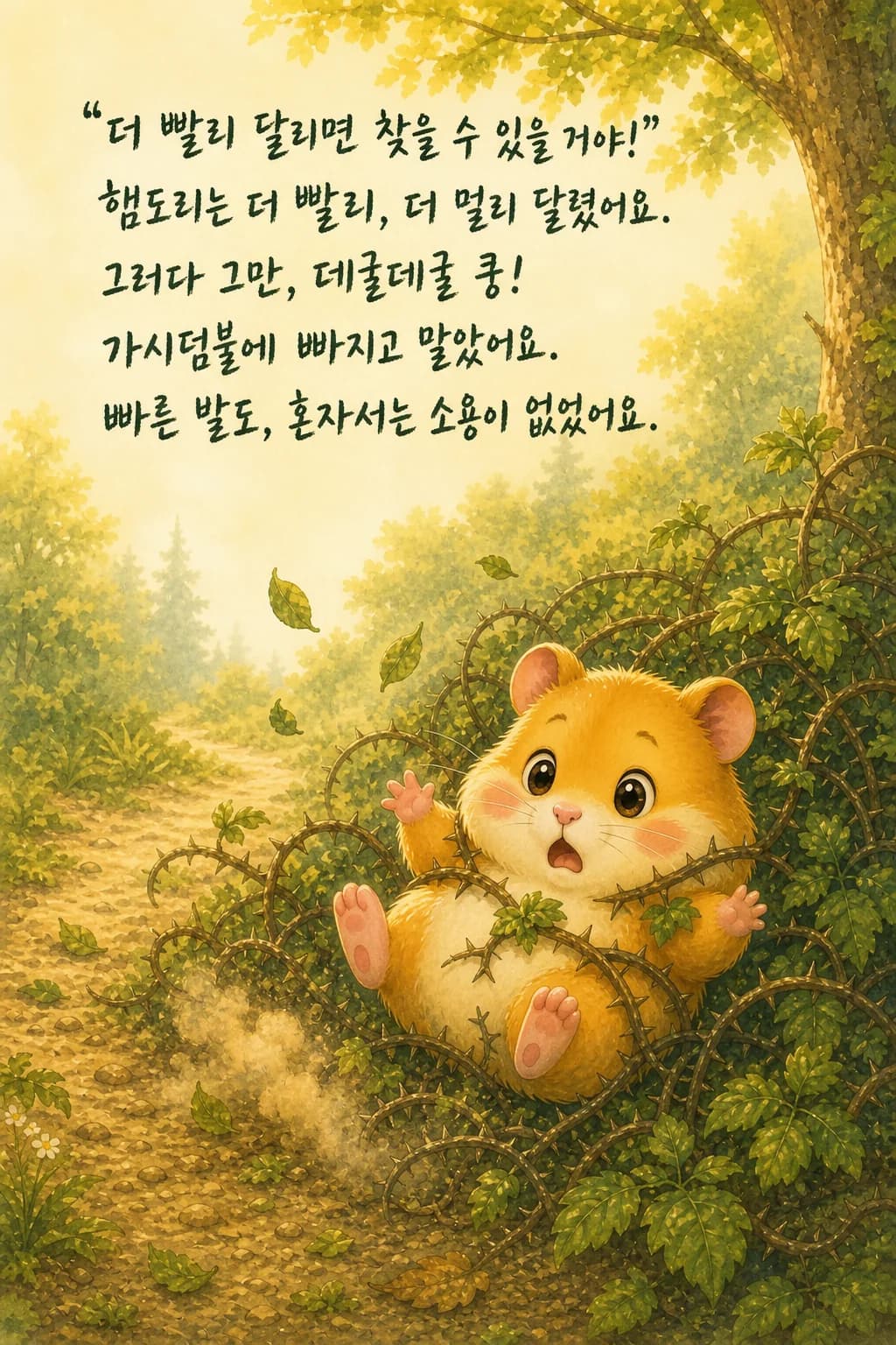 가시덤불에 굴러 떨어져 어리둥절한 햄도리, 사방으로 흩어진 낙엽