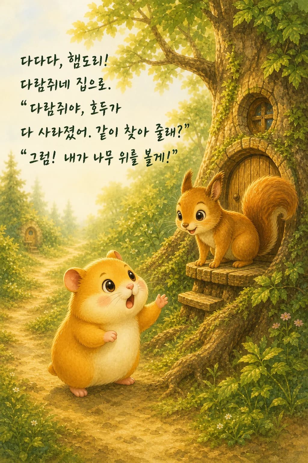 나무집 앞에서 다람쥐와 이야기하는 햄도리