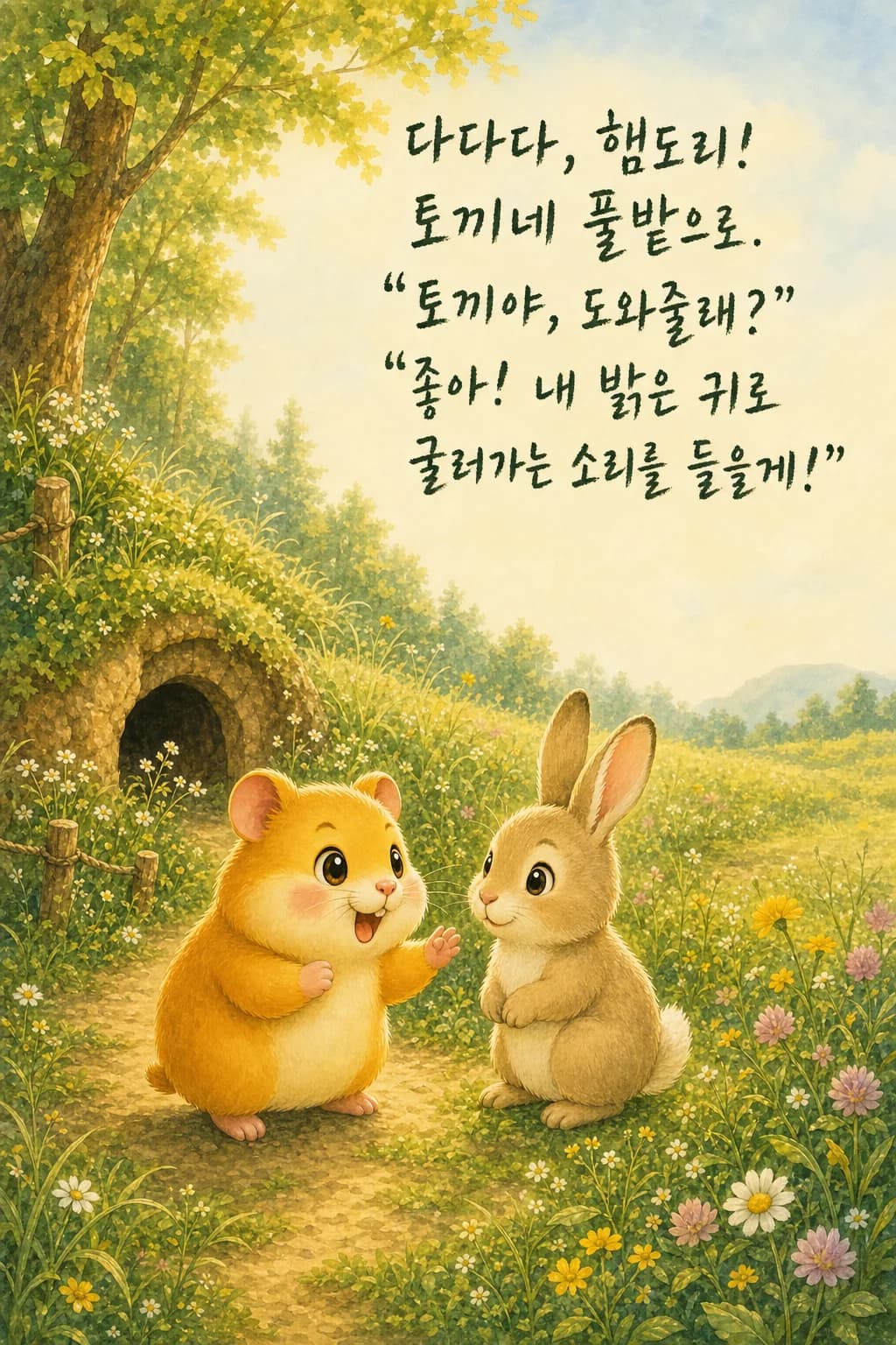 귀를 쫑긋 세운 회색 토끼와 햄도리