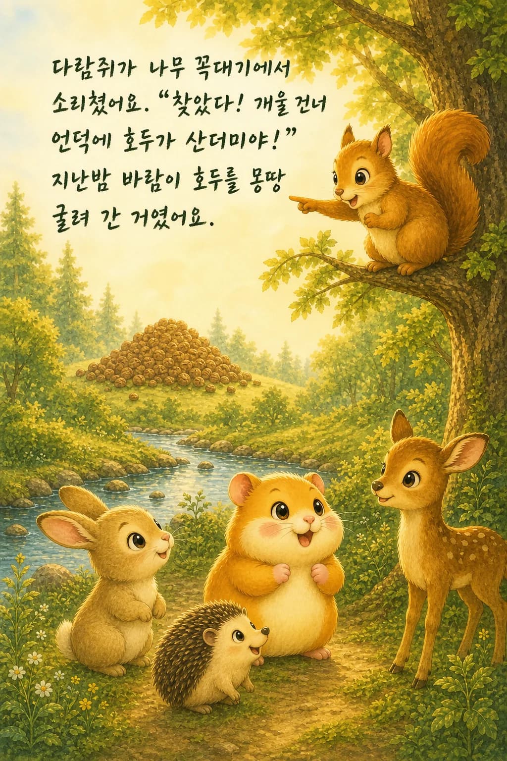 나무 꼭대기에서 먼 언덕의 호두 더미를 가리키는 다람쥐