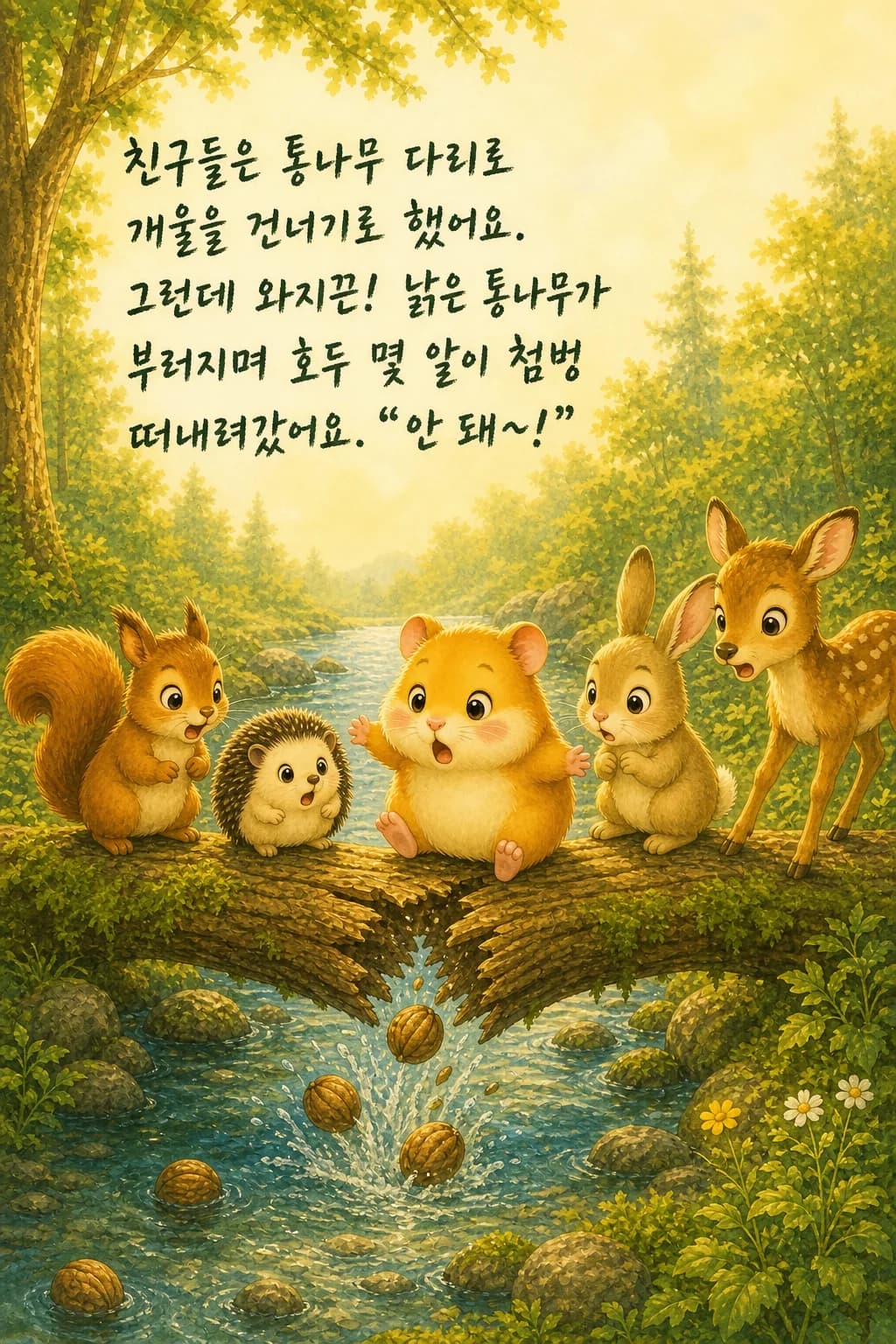 부러진 통나무 다리와 개울에 떠내려가는 호두들, 놀란 다섯 친구
