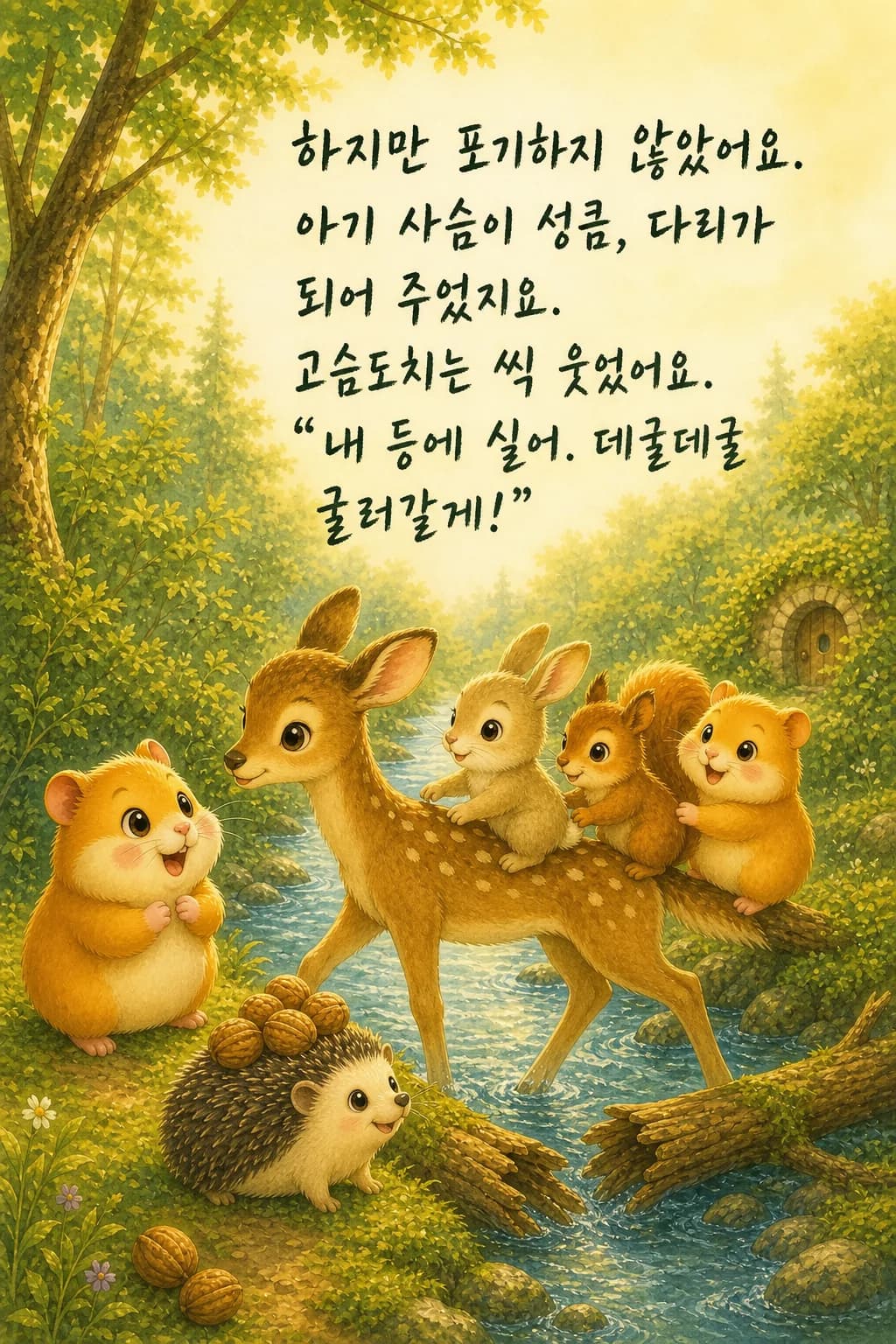 아기 사슴이 개울 위 다리가 되고 고슴도치가 호두를 싣고 구르는 모습