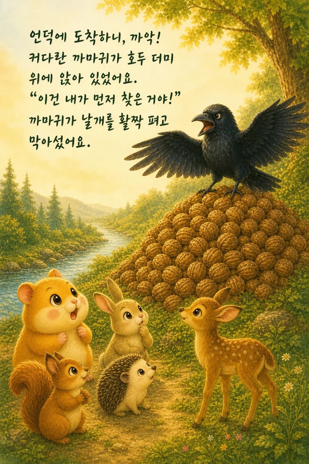 호두 더미 위에서 날개를 펴고 막아선 까마귀와 올려다보는 다섯 친구