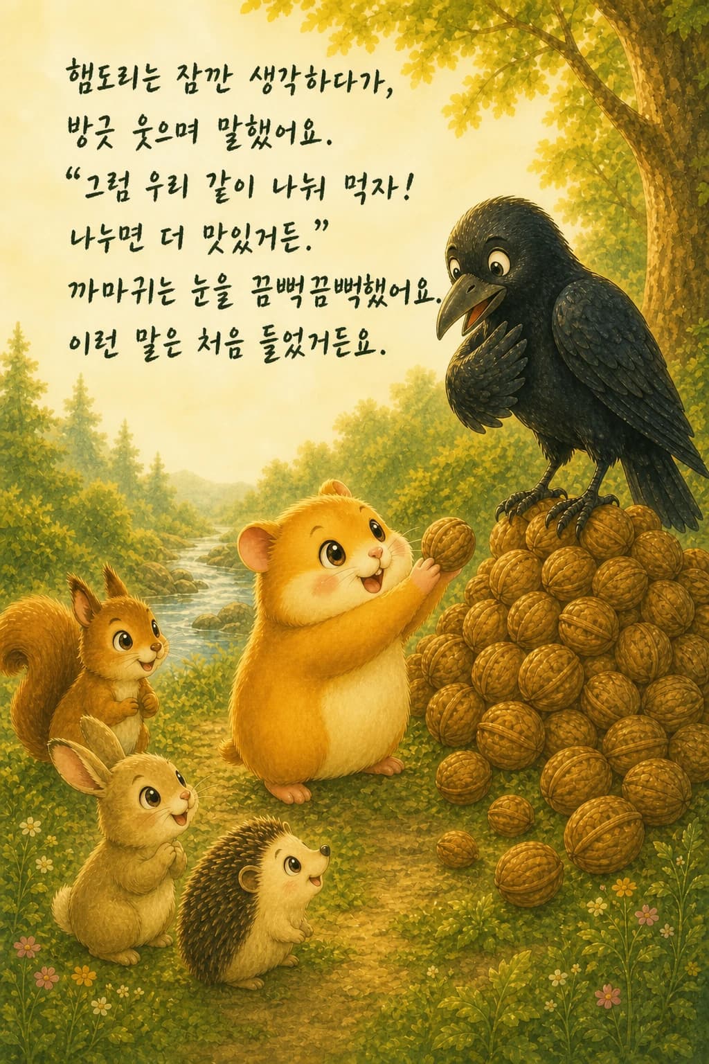 방긋 웃으며 까마귀에게 호두를 내미는 햄도리