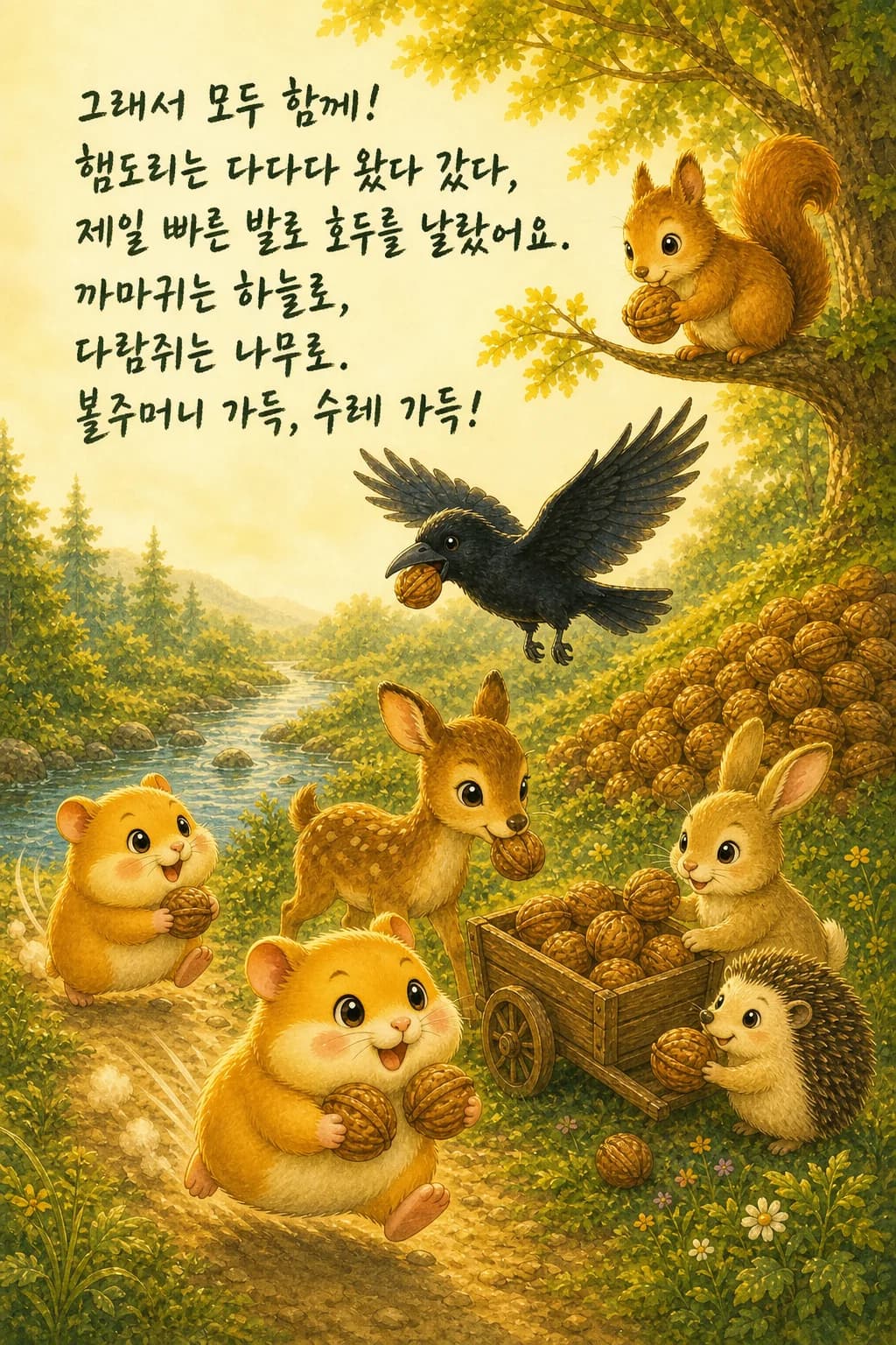 까마귀와 친구들이 함께 호두를 나르는 모습