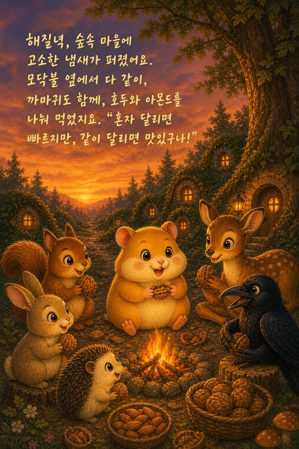 모닥불 옆에서 까마귀까지 함께 호두를 나눠 먹는 친구들