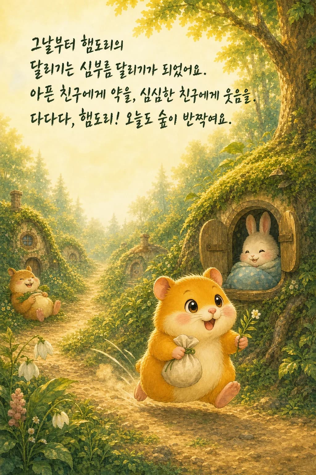 아침 숲에서 바구니를 배달하는 햄도리