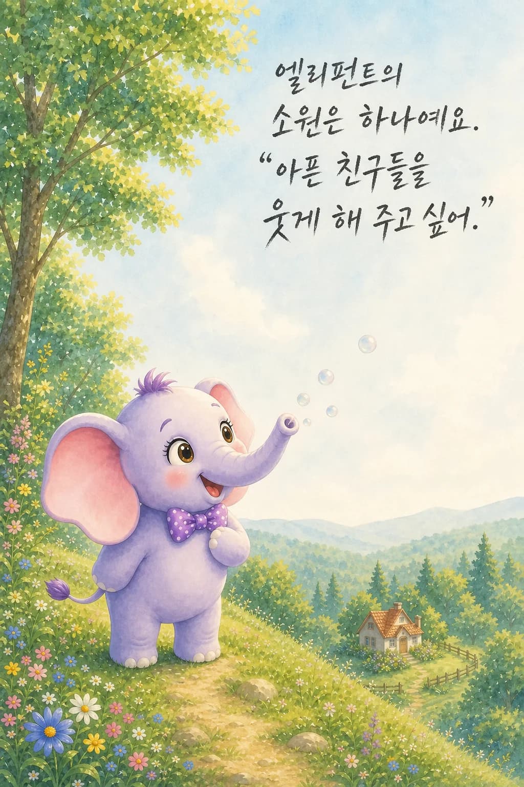 언덕 위 작은 집을 바라보는 엘리펀트