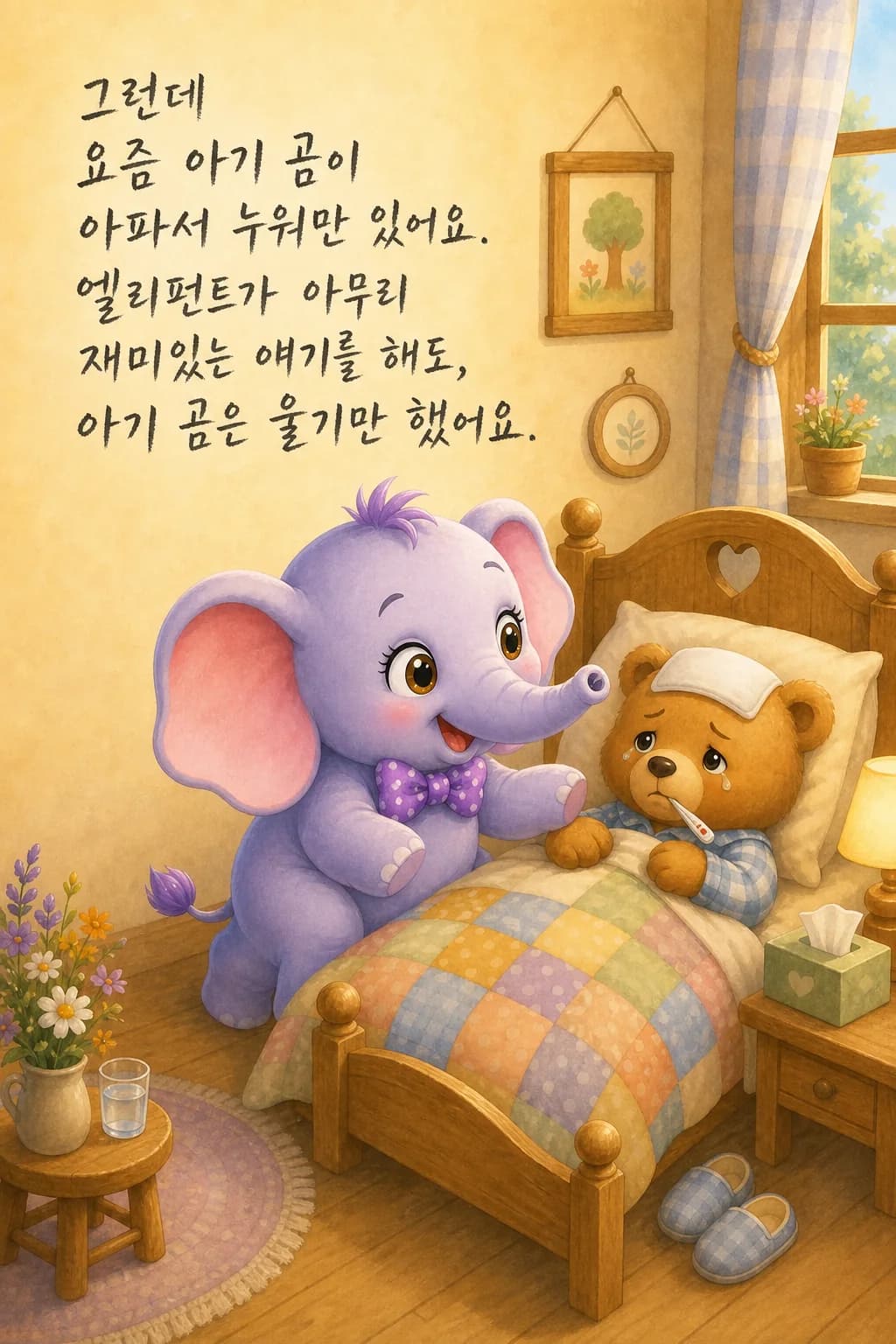 침대에 누운 아기 곰과 곁의 엘리펀트
