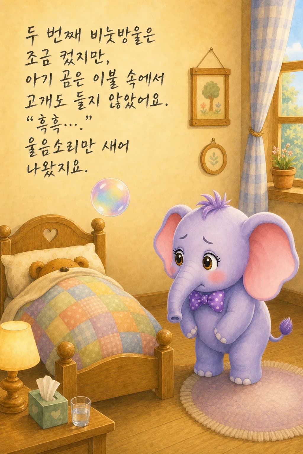 이불 속에 파묻힌 아기 곰과 시무룩한 엘리펀트