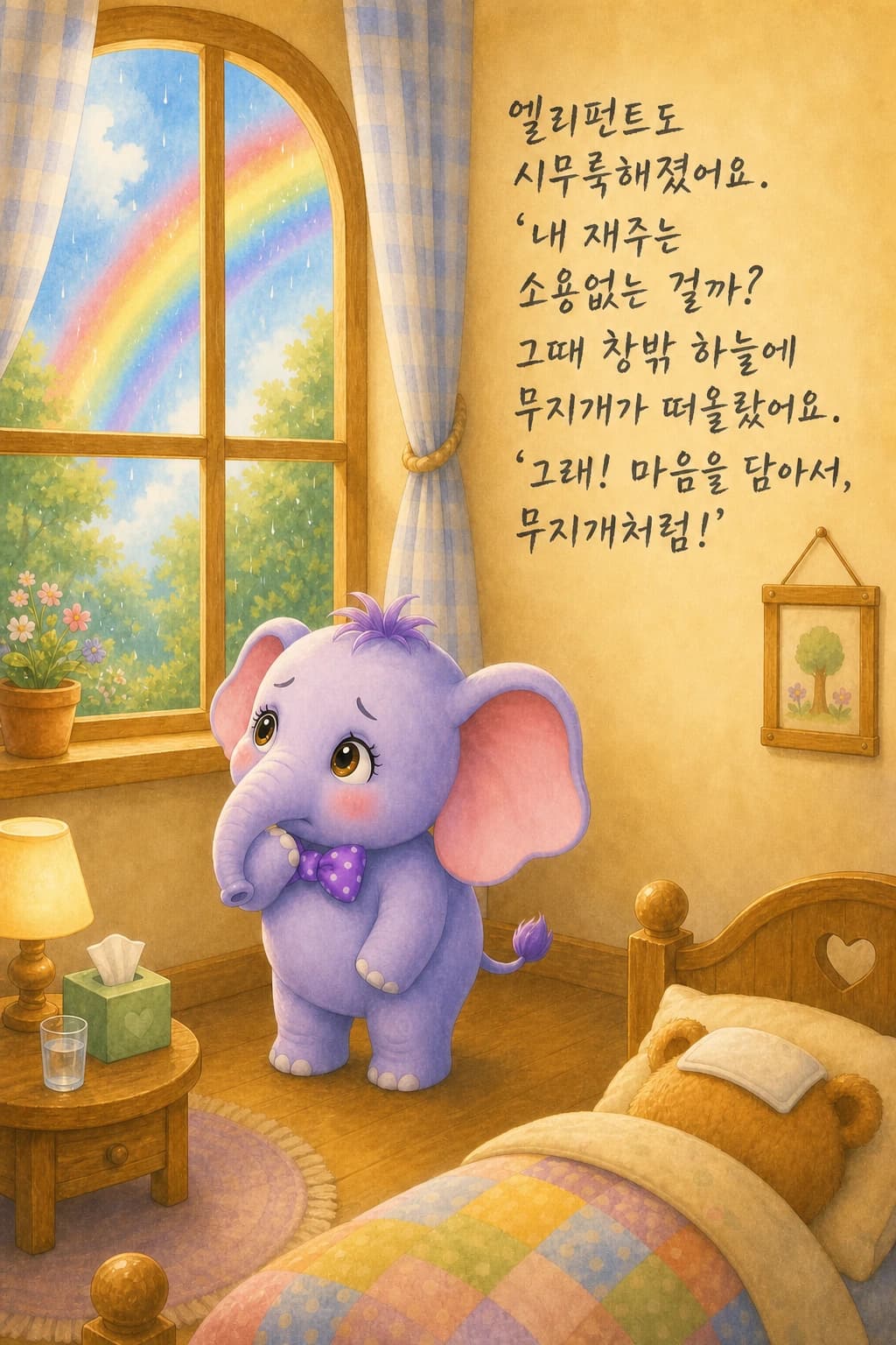 창밖 무지개를 보며 다시 힘을 내는 엘리펀트