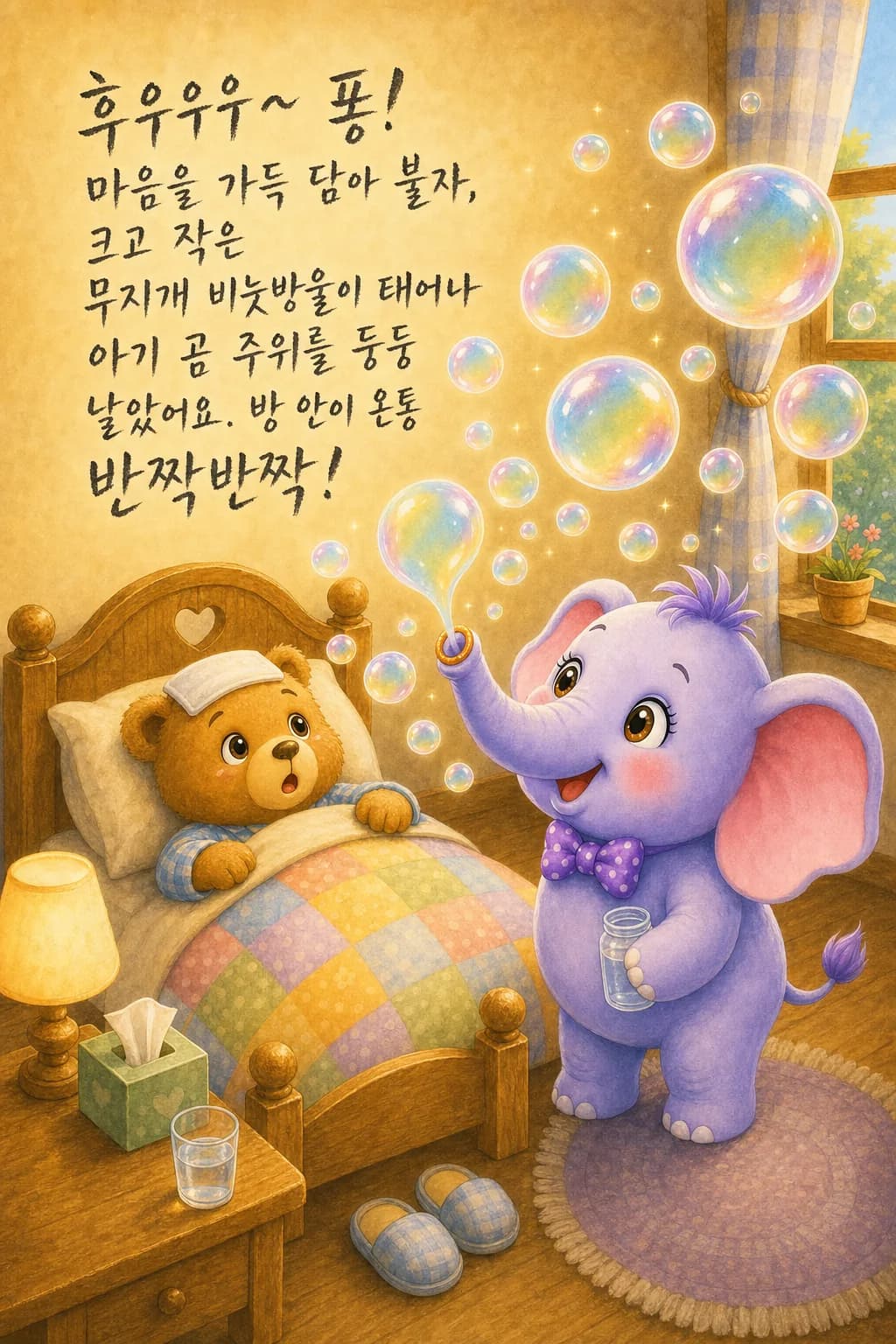 방 안 가득 떠오른 무지개 비눗방울