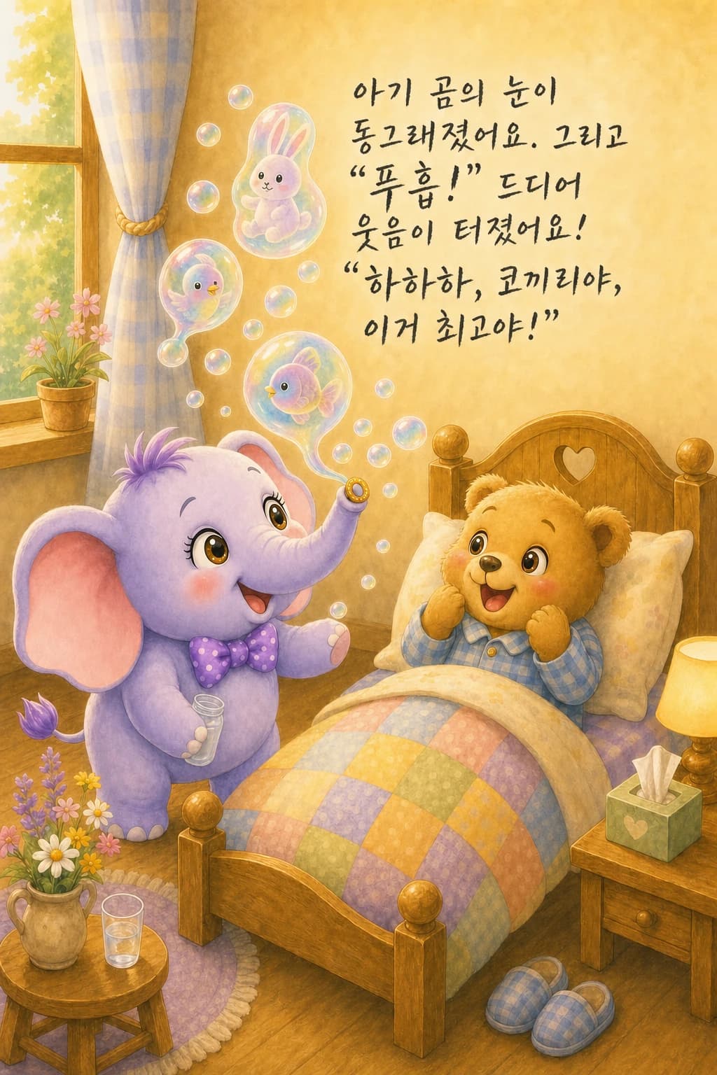 웃음을 터뜨리며 일어나 앉은 아기 곰