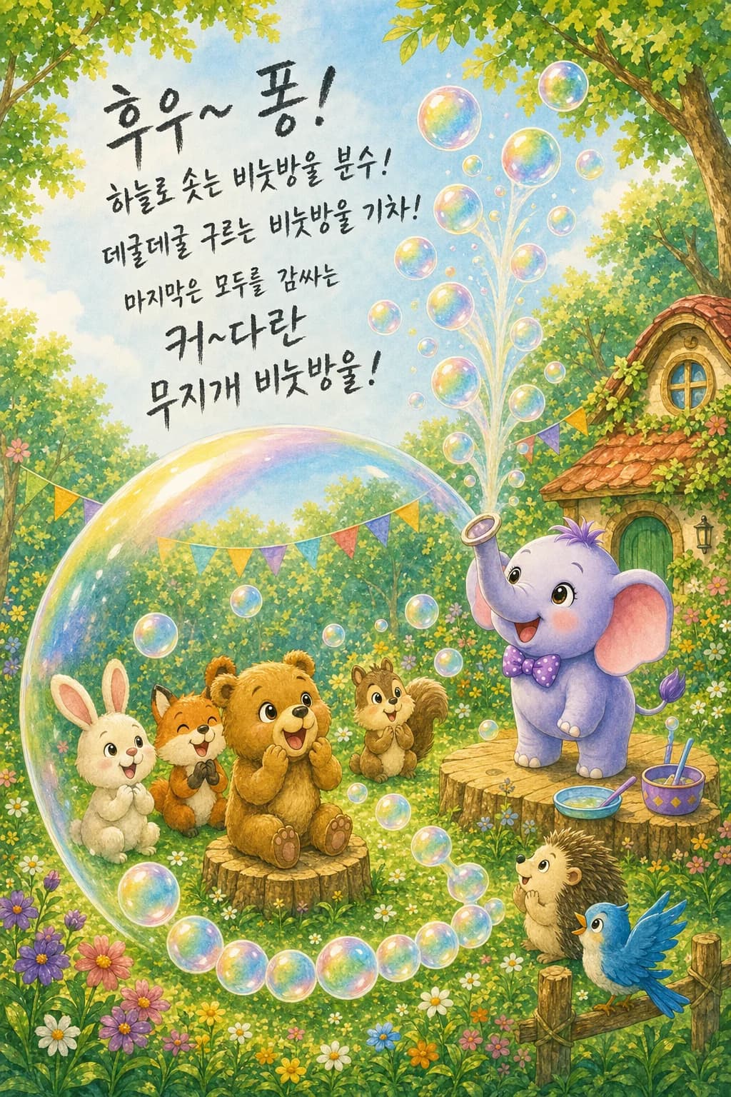친구들을 감싼 거대한 무지개 비눗방울