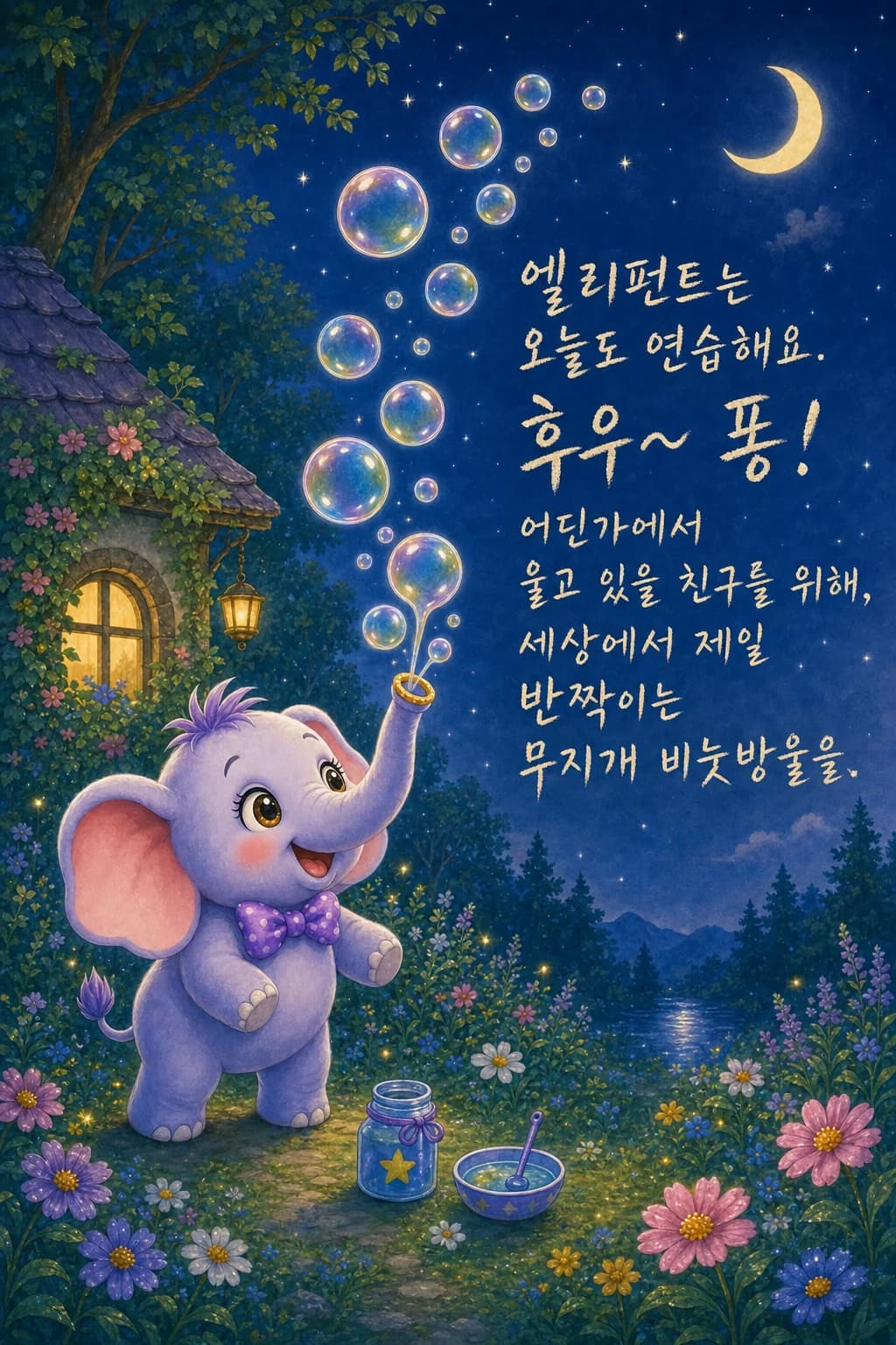 달을 향해 떠오르는 빛나는 비눗방울