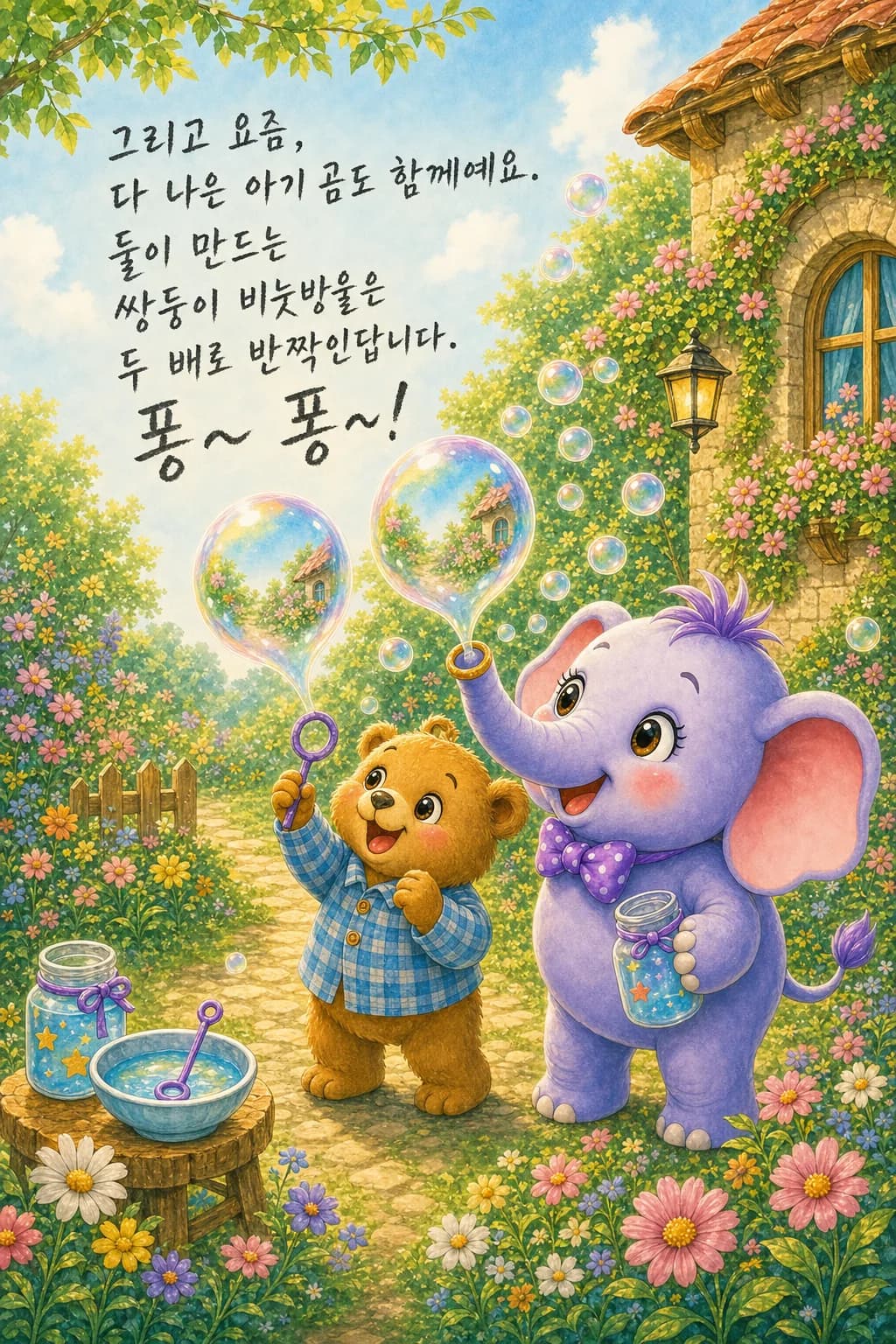 엘리펀트와 아기 곰이 나란히 비눗방울을 부는 모습