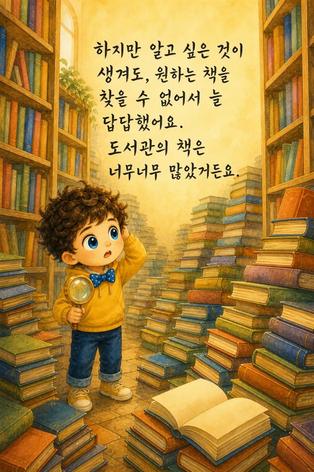 거대한 책장 아래 작게 선 왕눈이