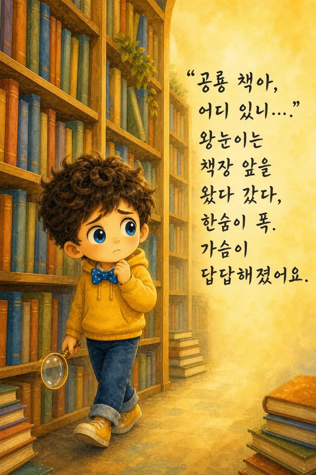 책장 앞을 서성이는 왕눈이