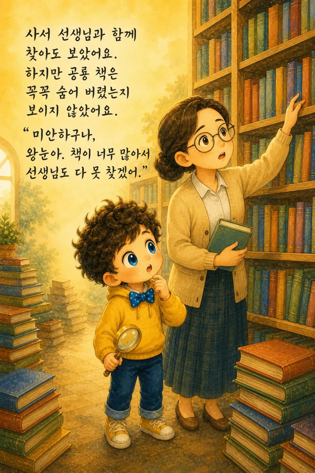 사서 선생님과 함께 높은 책장을 올려다보며 난감해하는 왕눈이