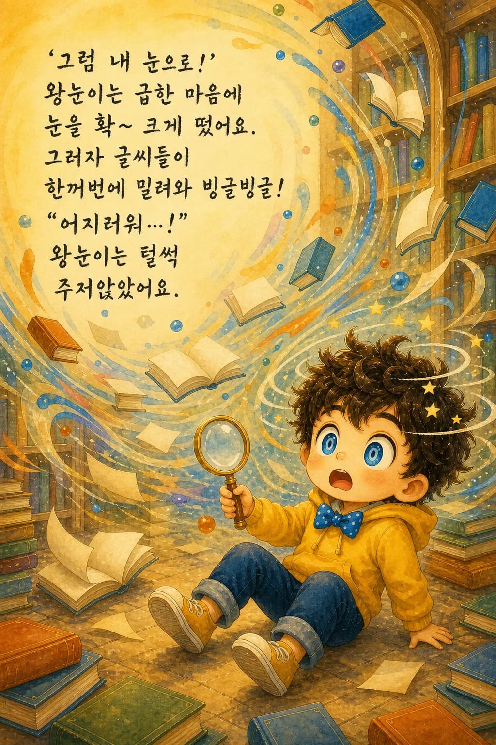 글씨들이 소용돌이치듯 밀려와 어지러워 주저앉은 왕눈이