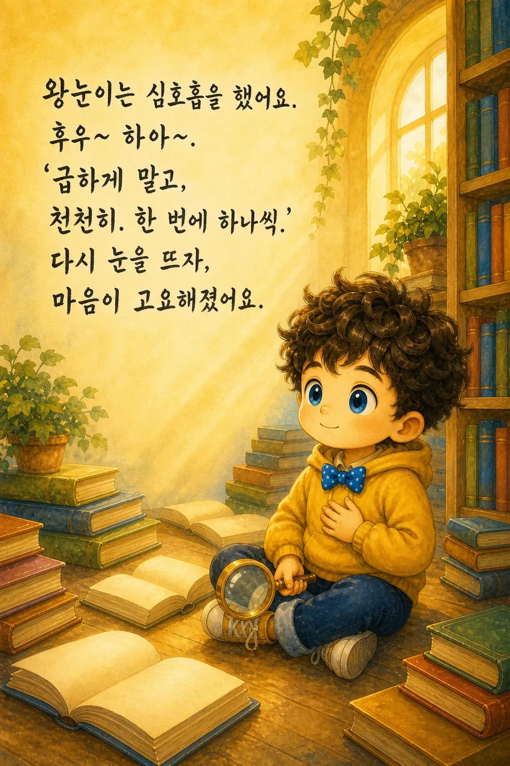눈을 감고 심호흡하며 마음을 가다듬는 왕눈이, 주위가 고요한 빛