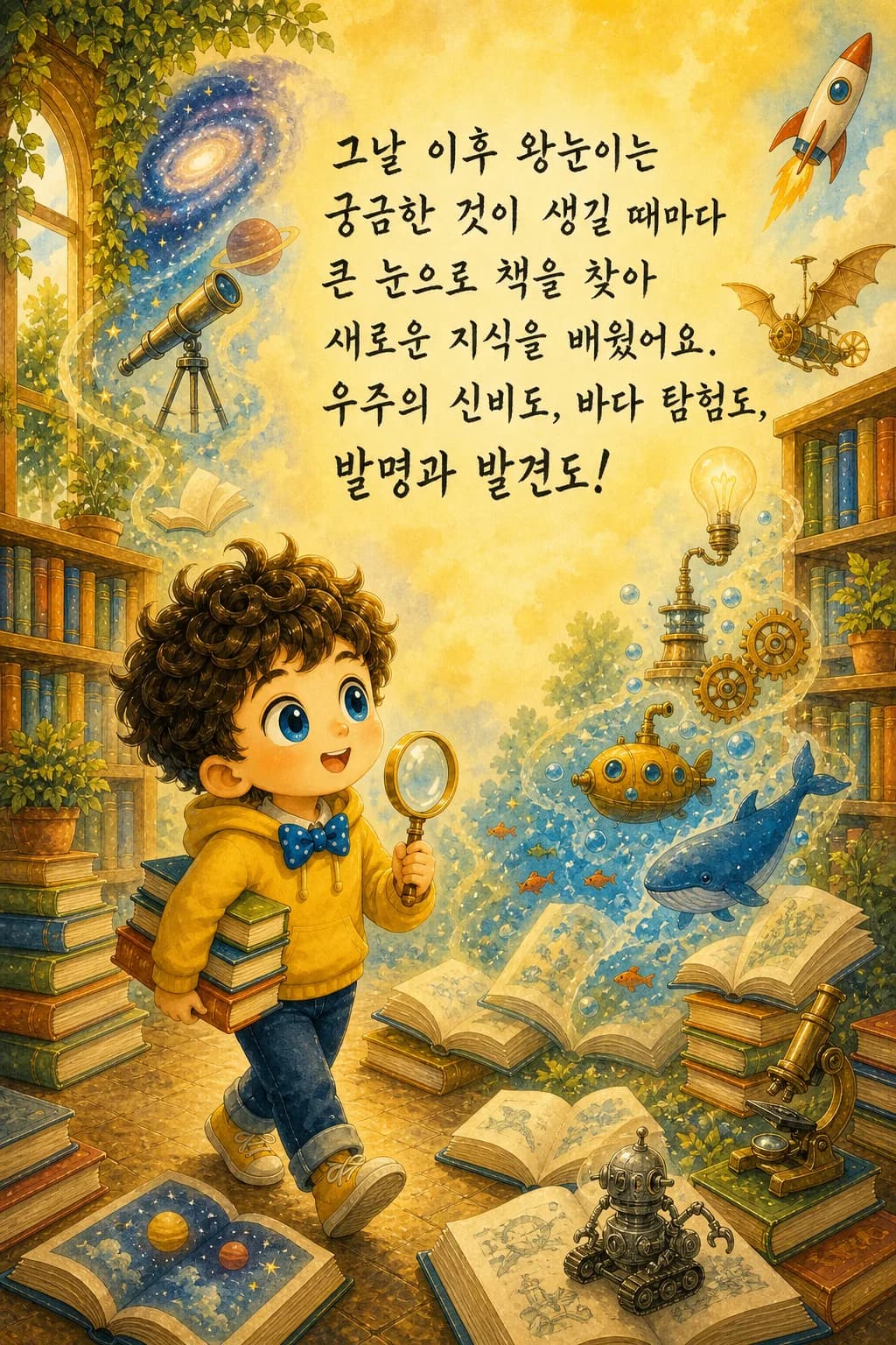 우주·바다·발명 책들이 떠다니는 모습