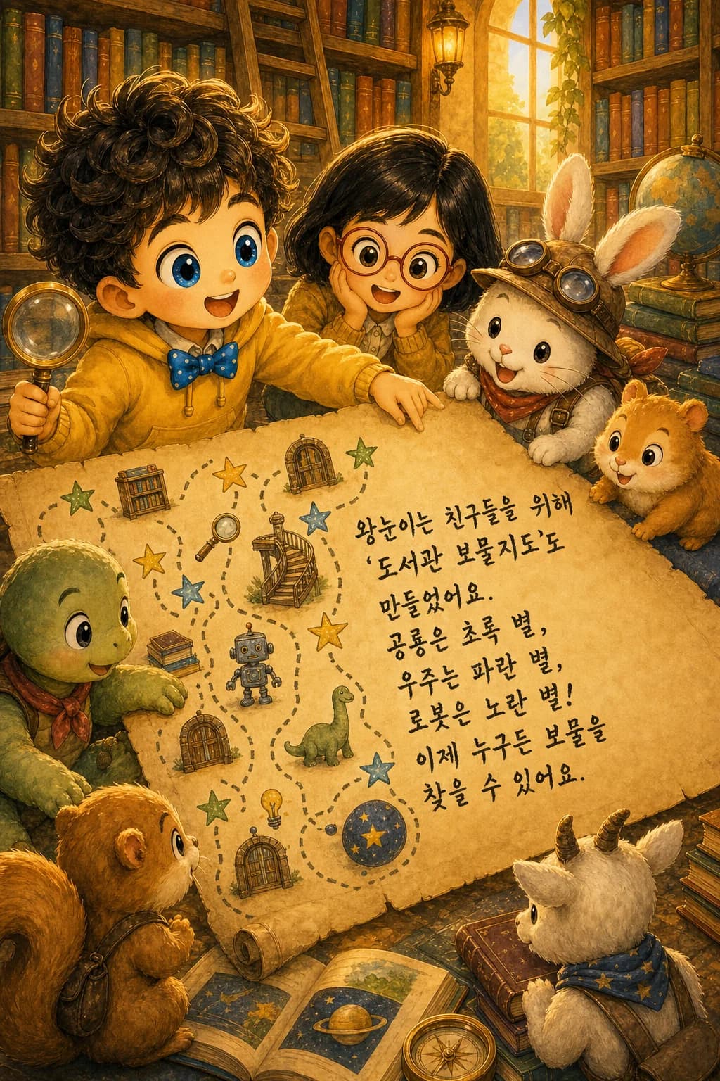 별 스티커가 가득한 손그림 도서관 지도를 펼쳐 보이는 왕눈이와 친구들
