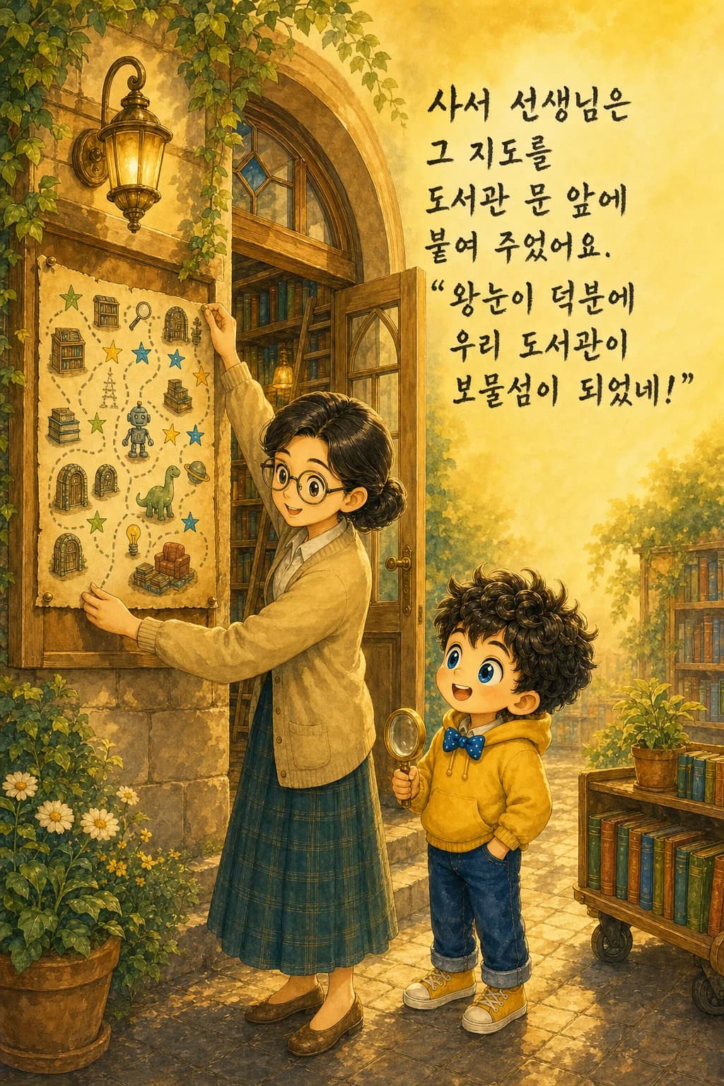도서관 입구에 붙은 보물지도와 뿌듯한 왕눈이