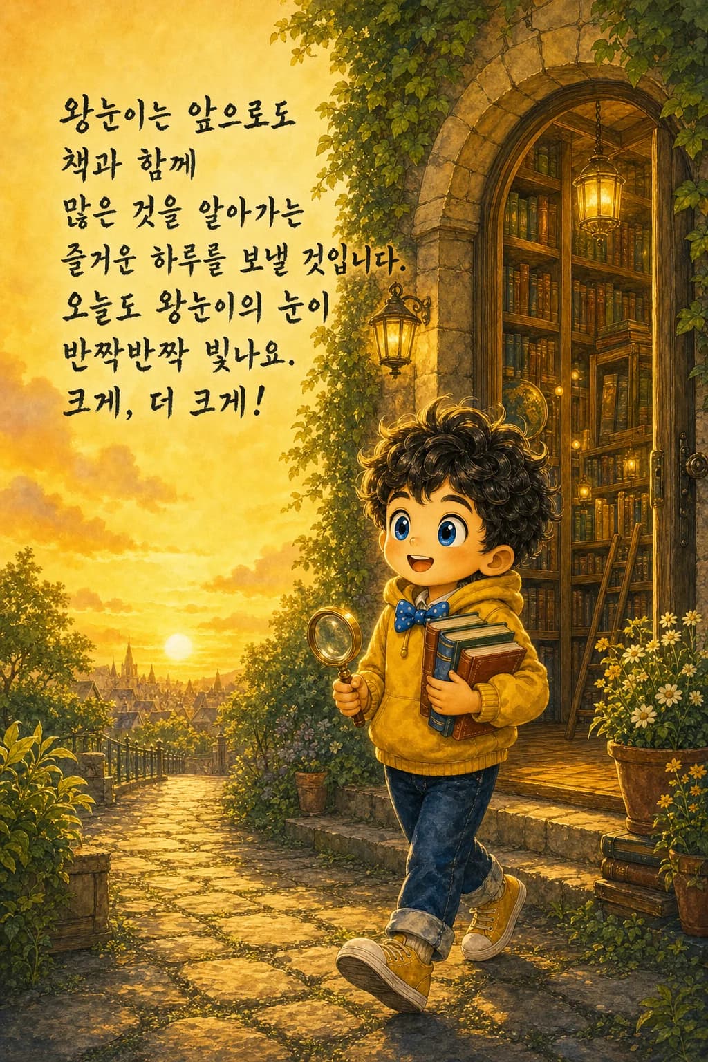 노을 속 책을 안고 도서관을 나서는 왕눈이