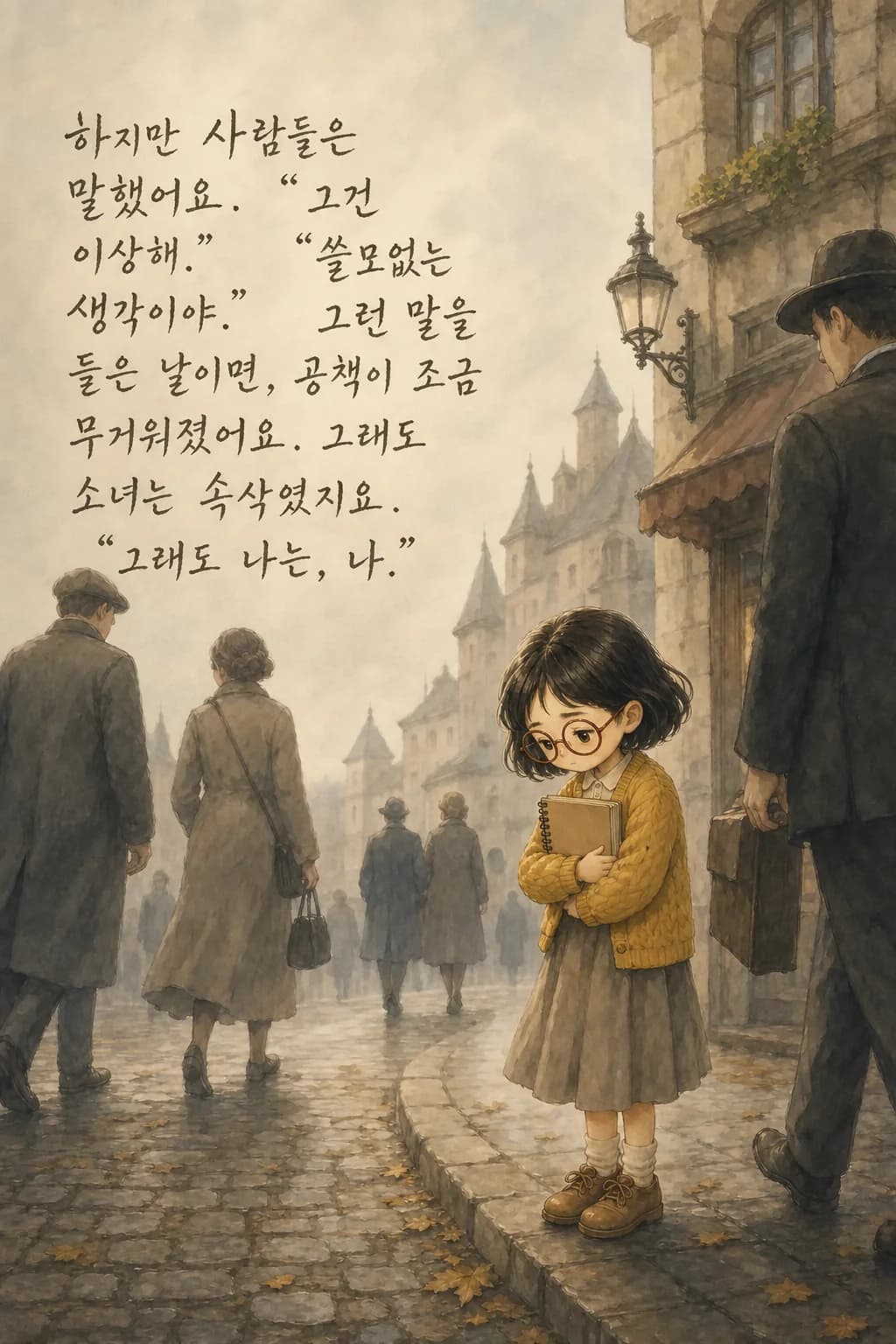 회색 도시에서 공책을 안고 걷는 소녀