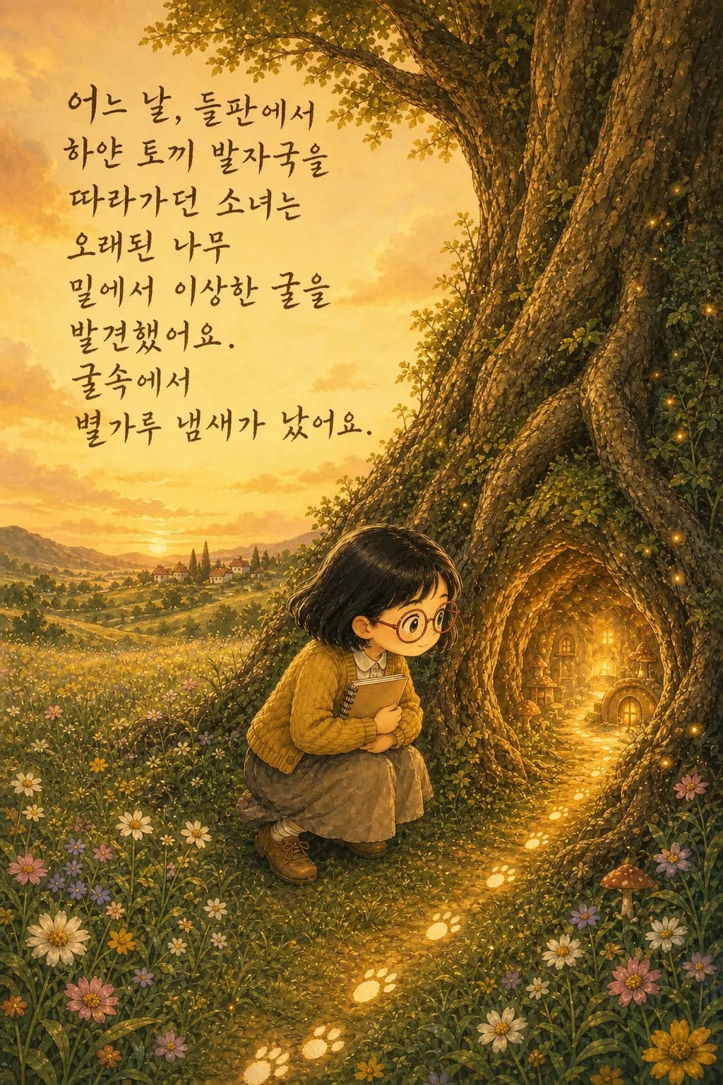 빛나는 굴을 들여다보는 소녀
