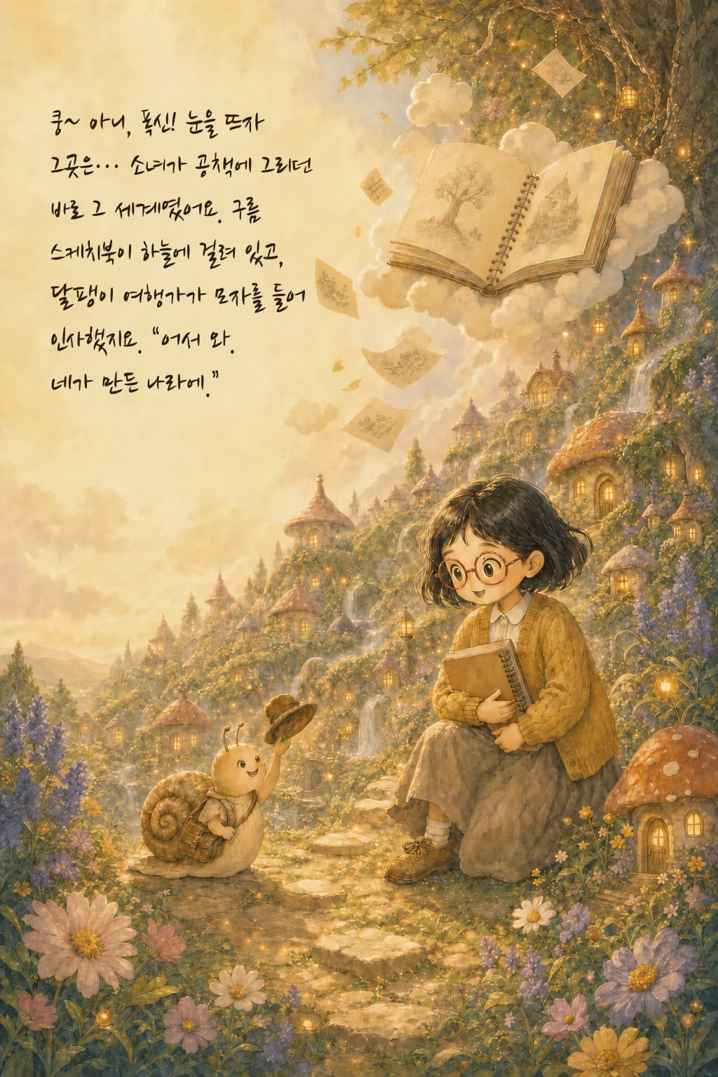 꽃밭에 내려앉은 소녀와 달팽이 여행가
