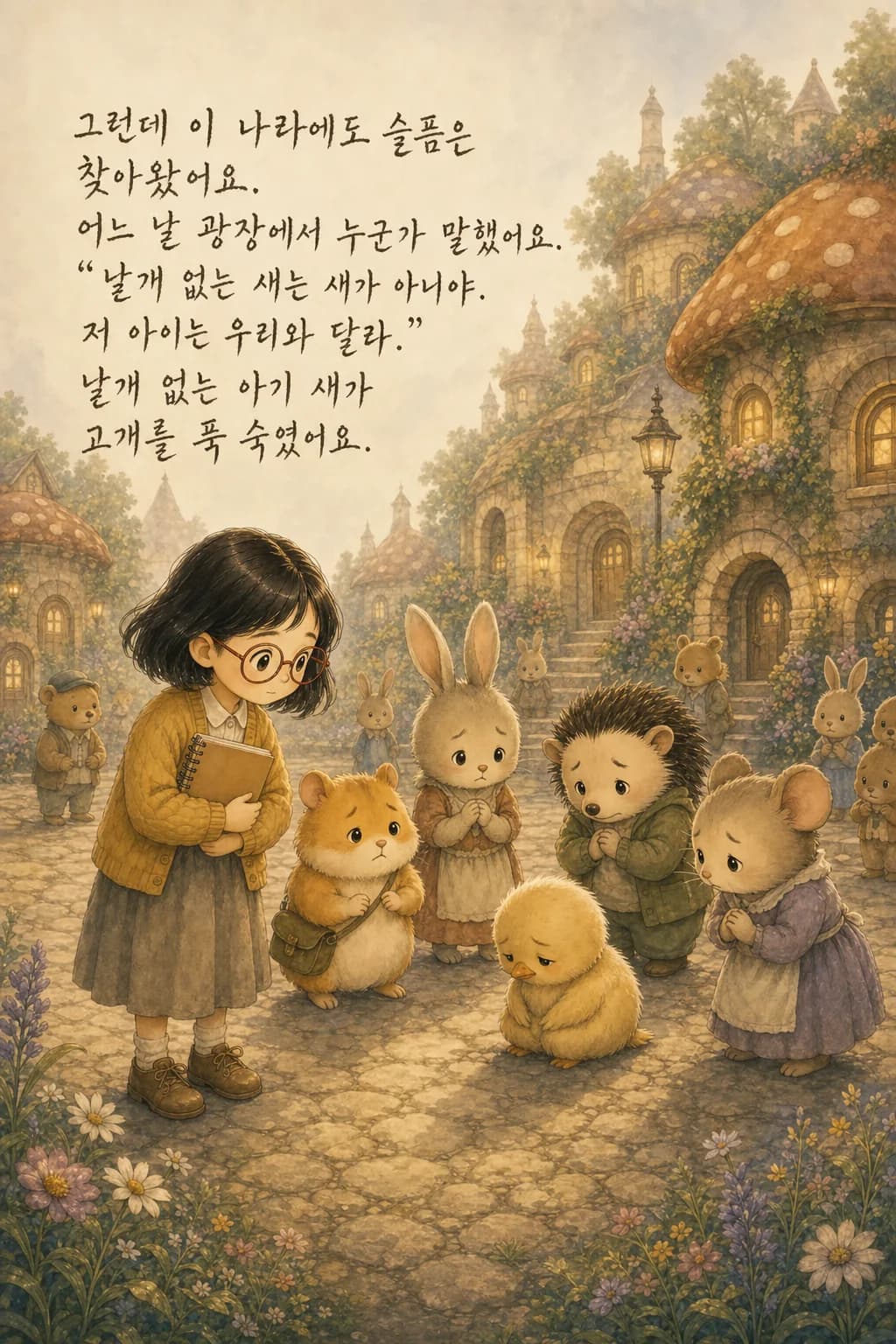 광장에서 고개 숙인 날개 없는 아기 새