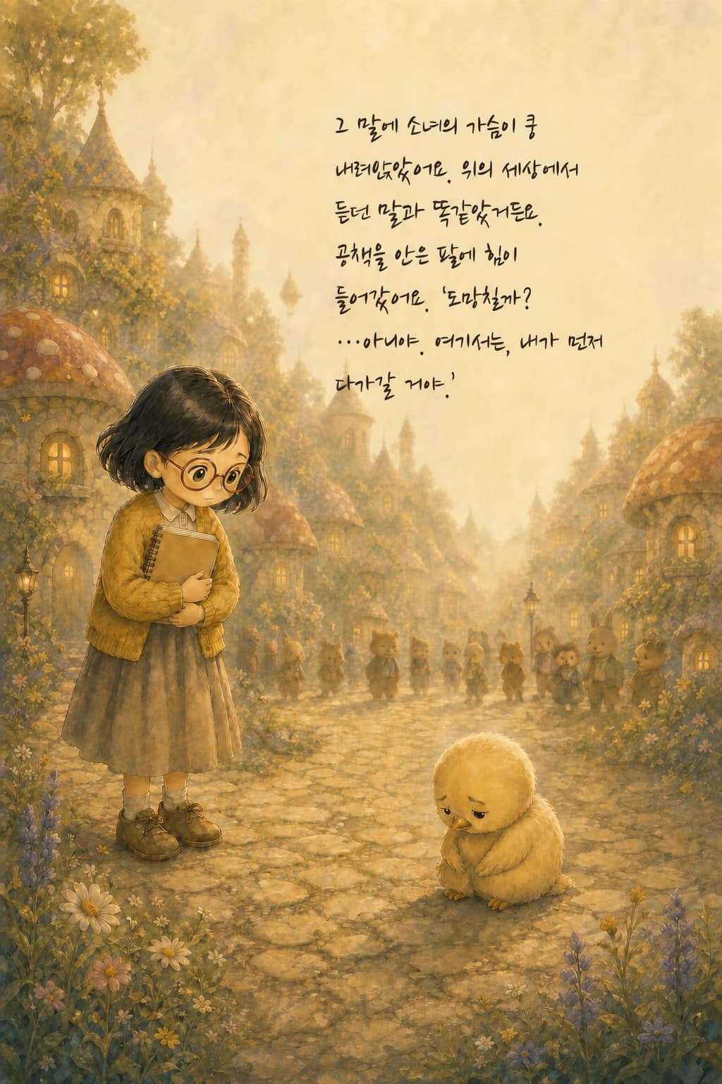 가슴에 공책을 꼭 안고 용기를 내는 소녀의 옆모습