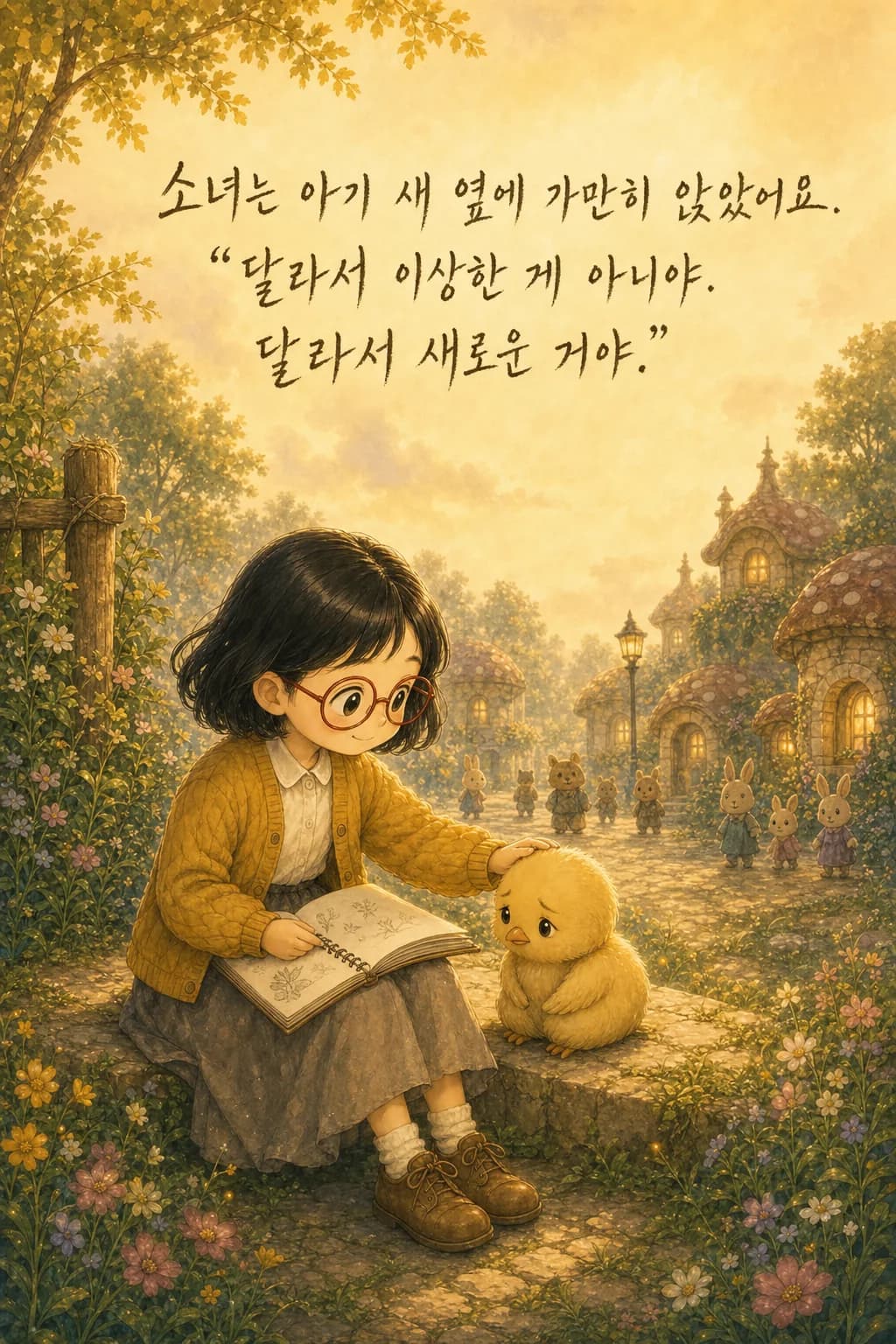 계단에 나란히 앉은 소녀와 아기 새