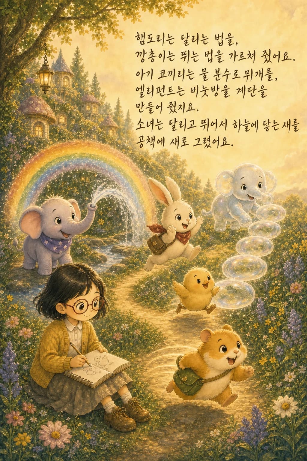 함께 연습하는 아기 새와 친구들