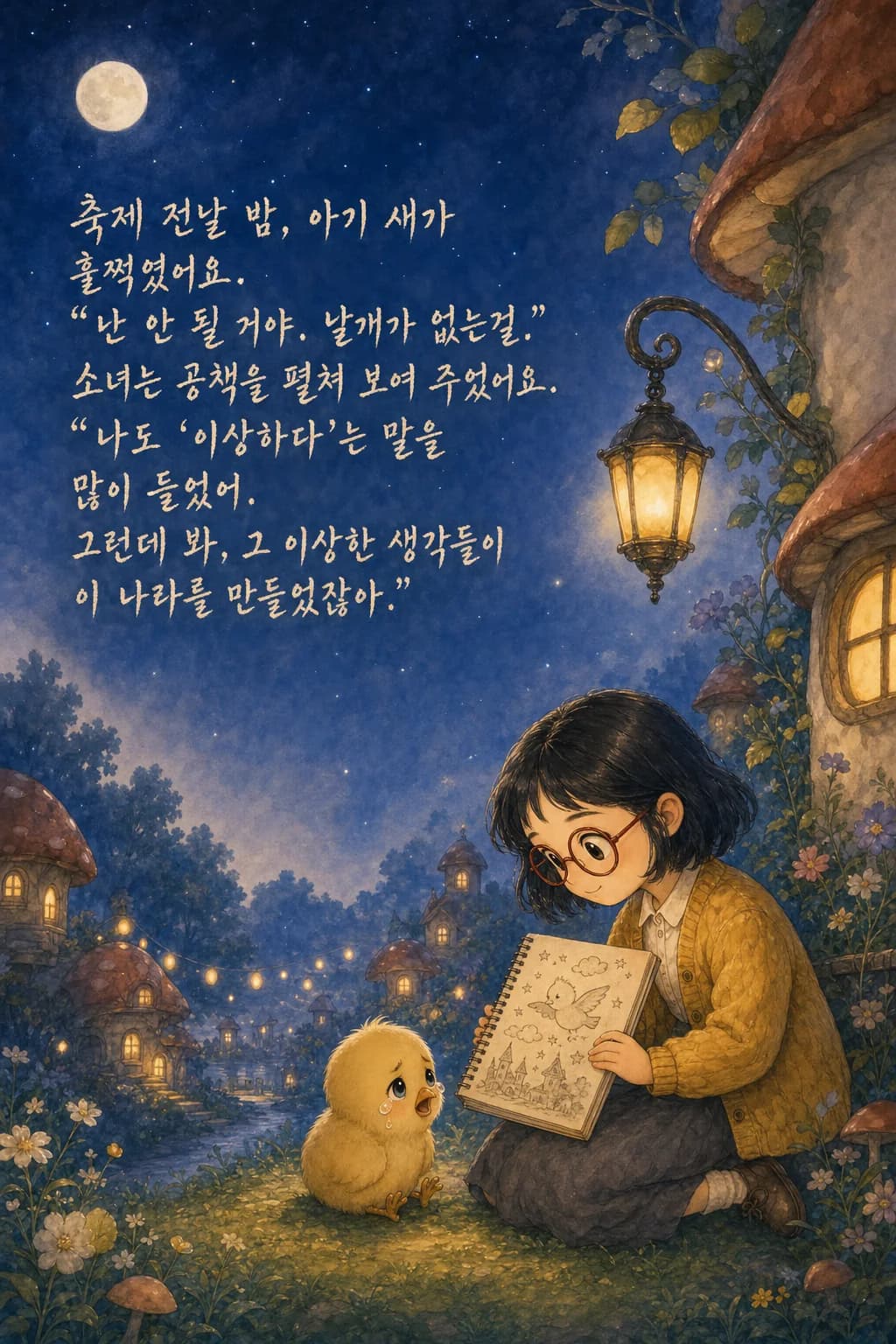 등불 아래 공책을 펼쳐 아기 새에게 보여 주는 소녀