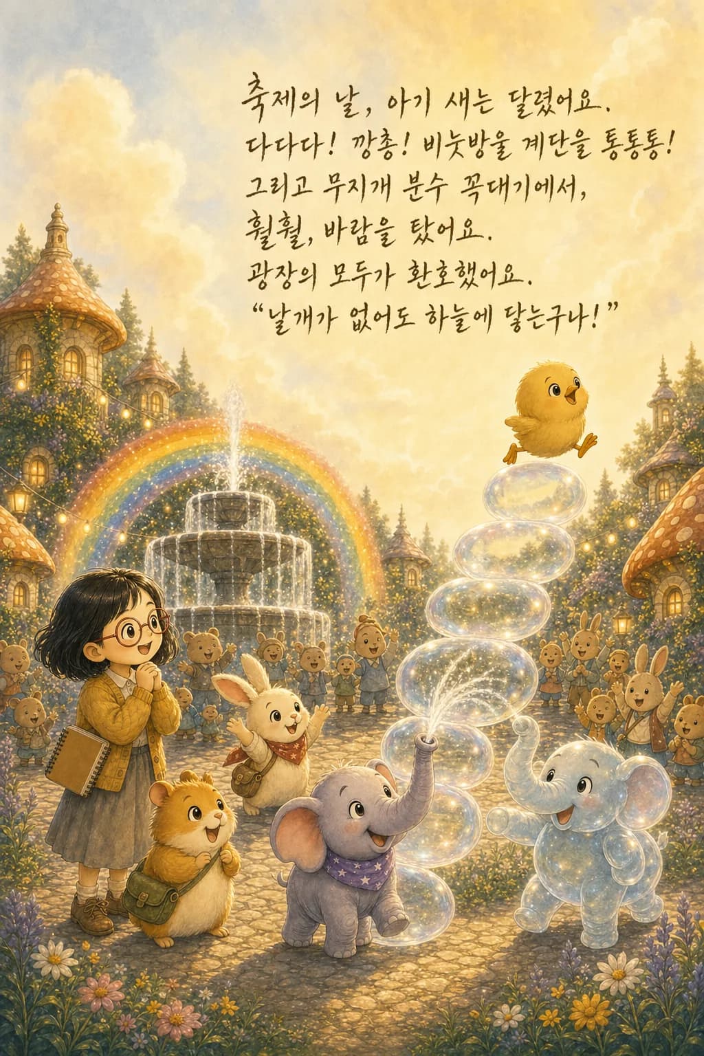 무지개 분수 위에서 바람을 타는 아기 새