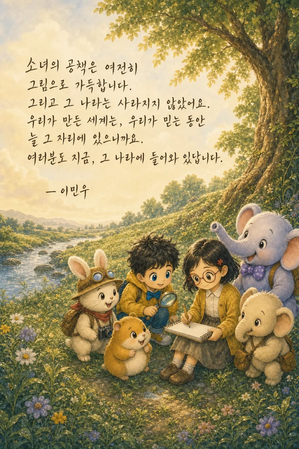 공책 속에서 손을 흔드는 다섯 친구