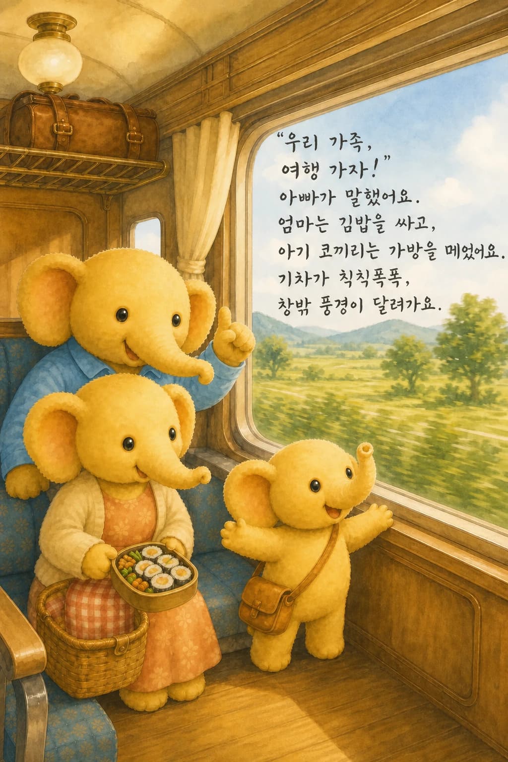 기차 창가에 앉은 코끼리 가족