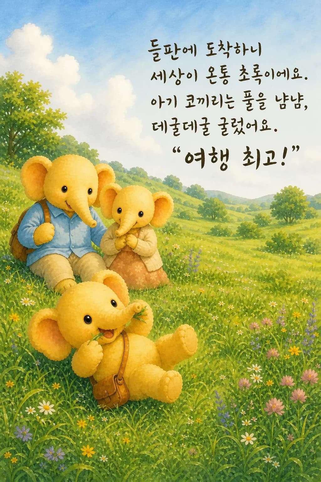 초록 들판에서 구르는 아기 코끼리