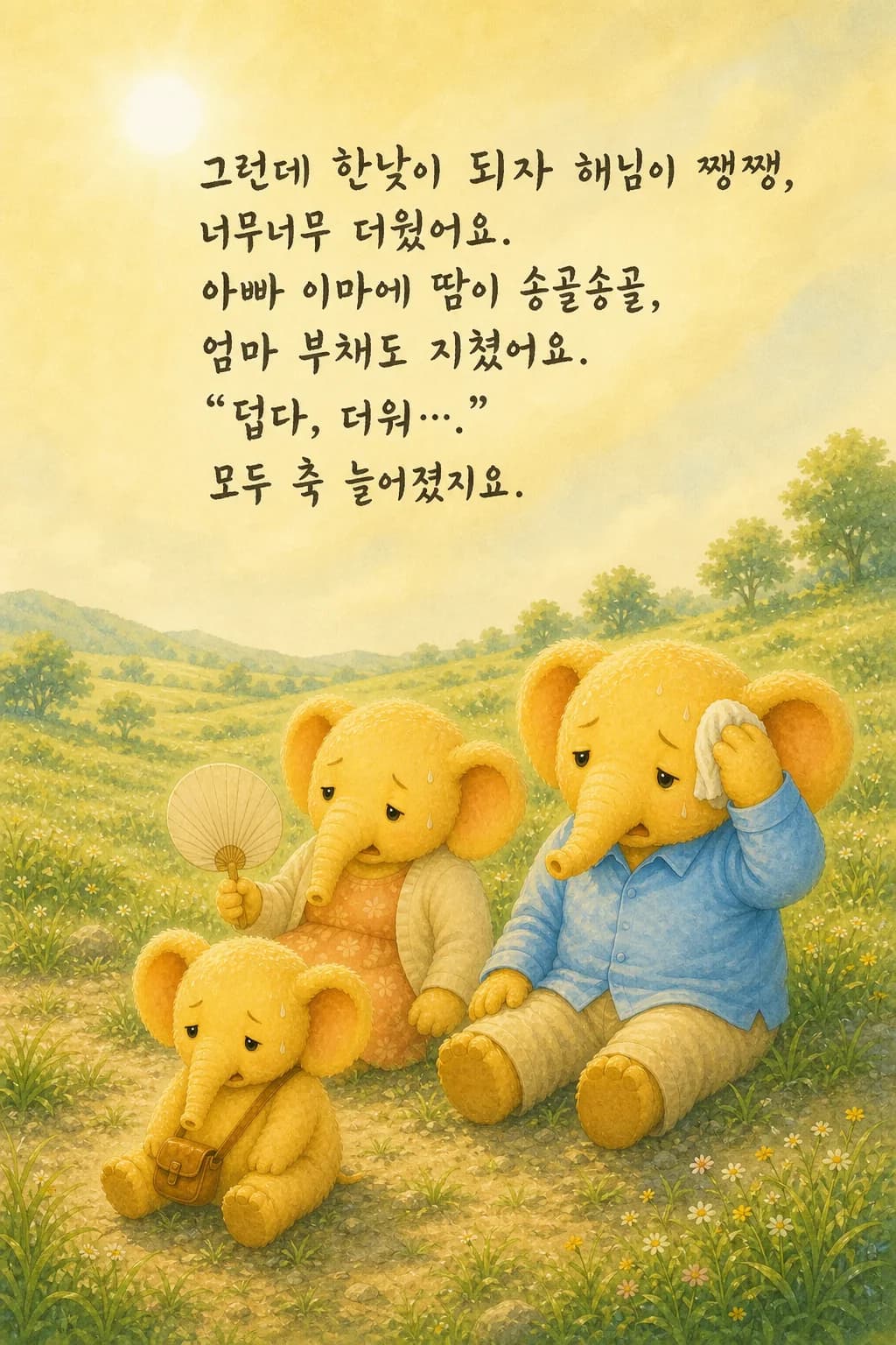 뙤약볕 아래 지쳐 늘어진 코끼리 가족