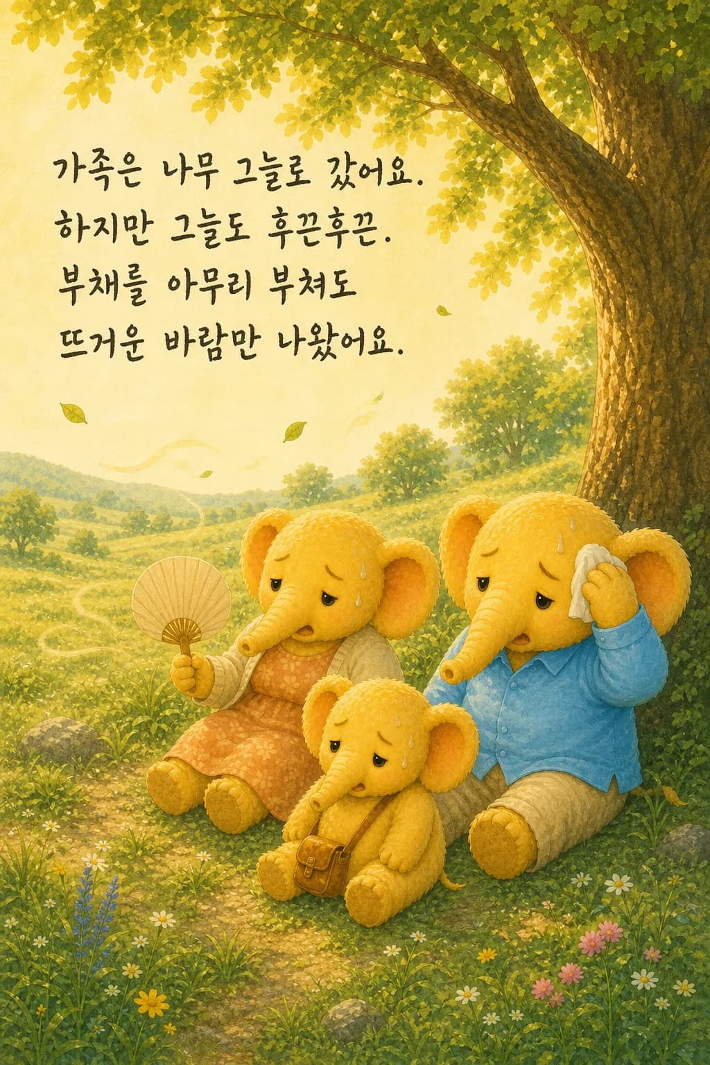 좁은 나무 그늘에 옹기종기 모였지만 여전히 더워 부채질하는 코끼리 가족