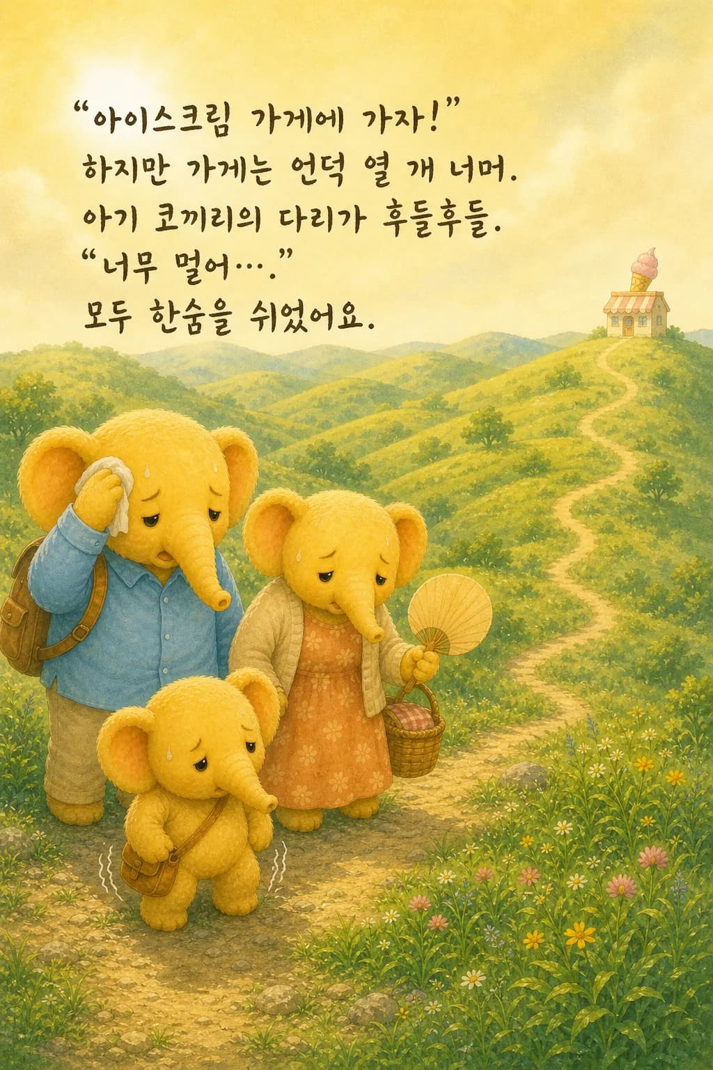 까마득한 언덕들 너머 작게 보이는 가게를 바라보며 한숨 쉬는 가족