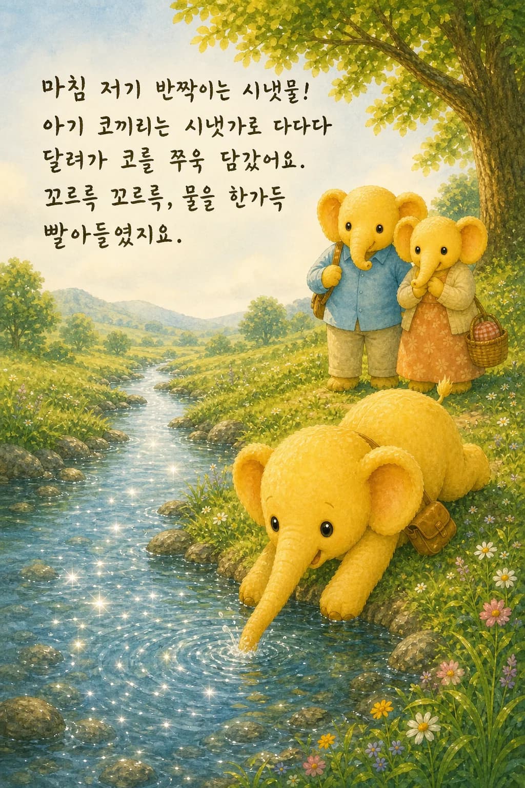 시냇물에 코를 담그고 물을 빨아들이는 아기 코끼리