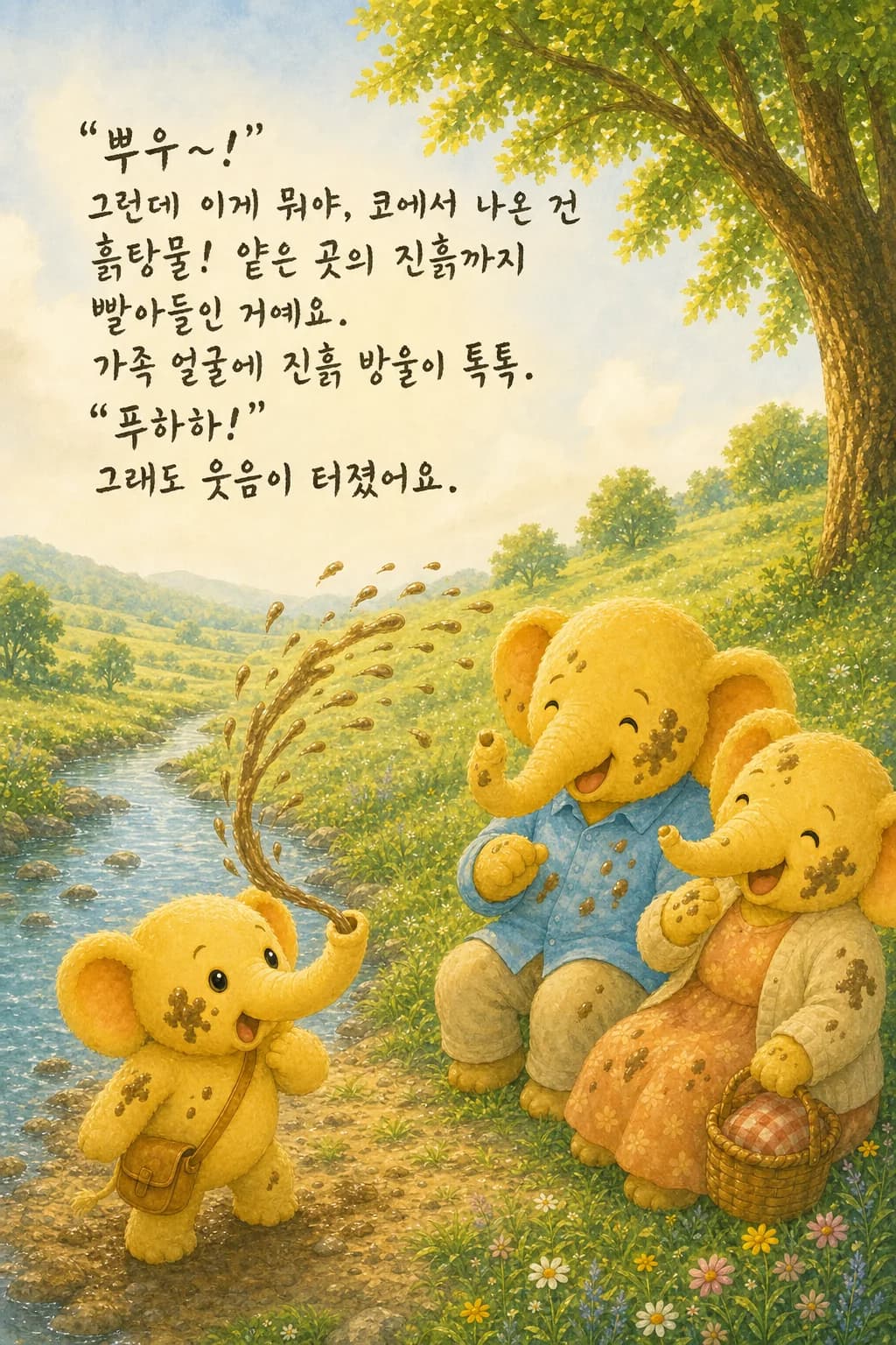 진흙탕 물을 뿜어 온 가족이 흙방울을 뒤집어쓰고 웃는 장면