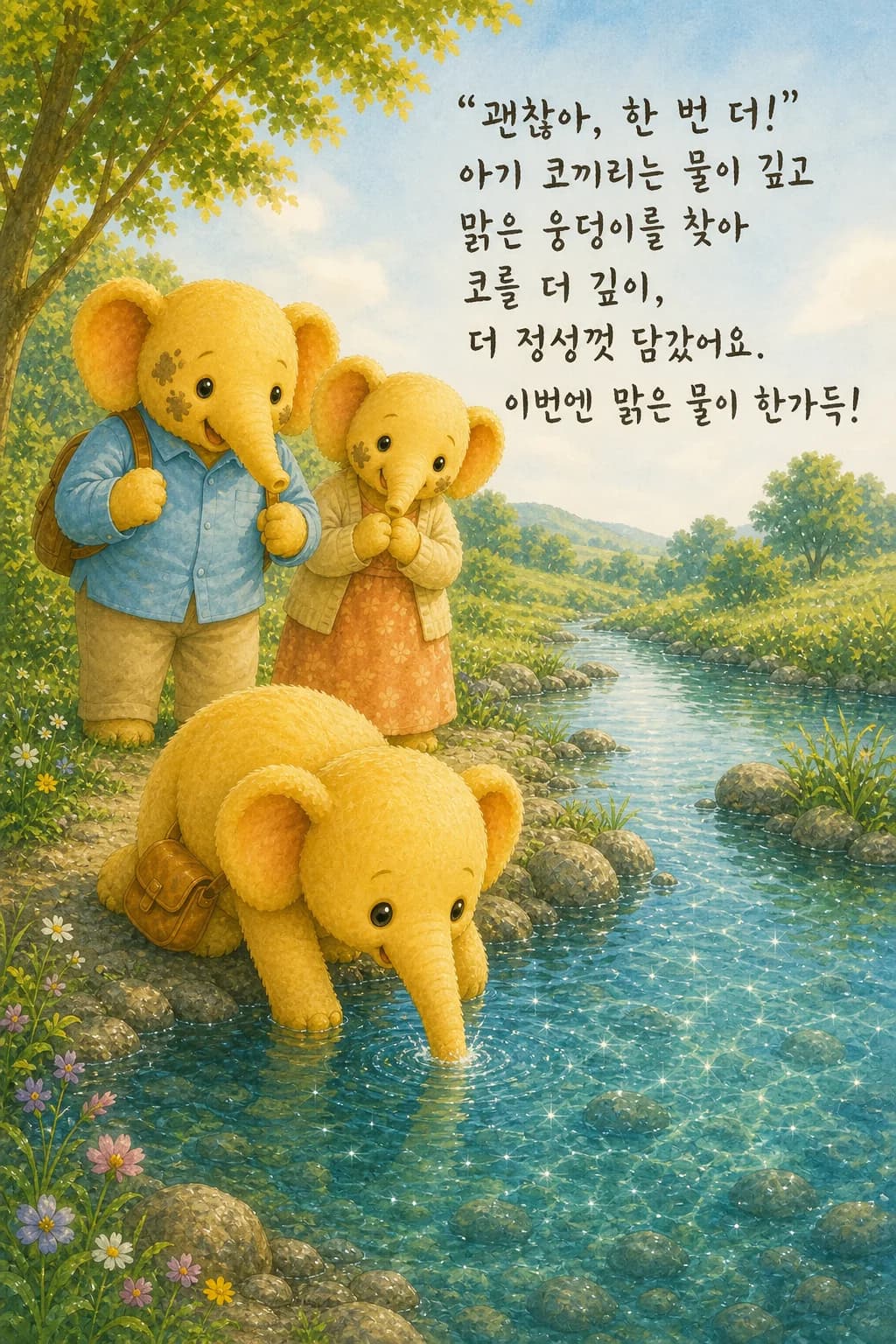맑고 깊은 웅덩이에 코를 깊이 담근 아기 코끼리, 응원하는 가족