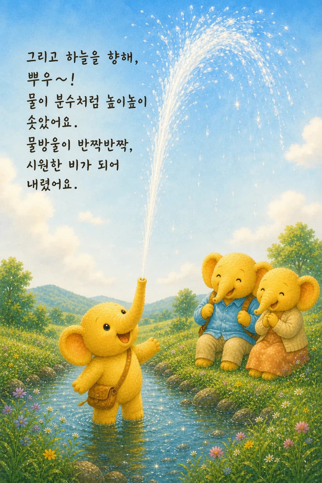 하늘 높이 물을 뿜는 아기 코끼리